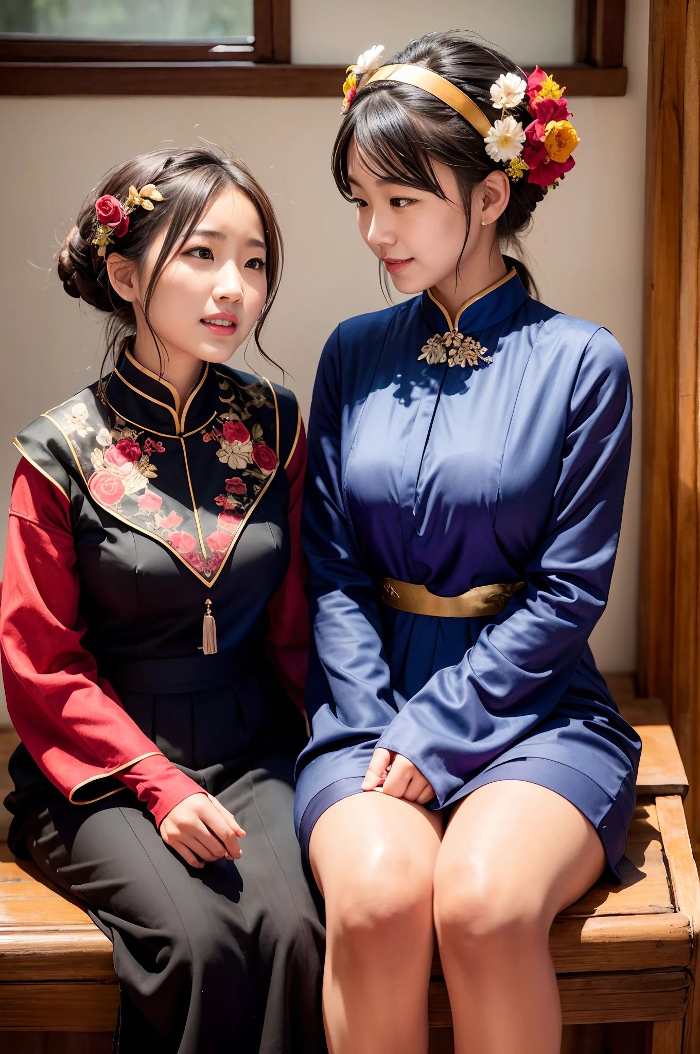 （8K，Vista half body photo），（closeup portrait of two women,sitting together,Detailed Face, front view, Look at the camera,duo,stroking,leering:1.4,20yr old,delicate face,detailed face，Redlip，Fair smooth skin，（Classic Hmong costume：1.4，（Satin fabric with flowers，The cuffs are multi-colored horizontal strips，Cardigans，Short waist long version），Silver products，Silver necklace，silver hair clip，hair-bun），（pleatedskirt，（Hmong embroidery、batik）），earNipple Rings，bangle，Tall and tall，Posture of conversation，perfect hand，Ultra-fine clothing material），（Traditional Xijiang Miao village，Festive party night background in cottage，Exquisite environmental details），（exhilarated，confident smile，Rejoice），（profesional lighting，dynamic lighting），（（The colors are more balanced，（black in color，blue colors，red colour））），（Golden section，Cinema lenses，Hasselblad photograp，tmasterpiece：1.3），（Miaozhai idol，Focus on the field，trendsetting，Folklore artist，Art platform）