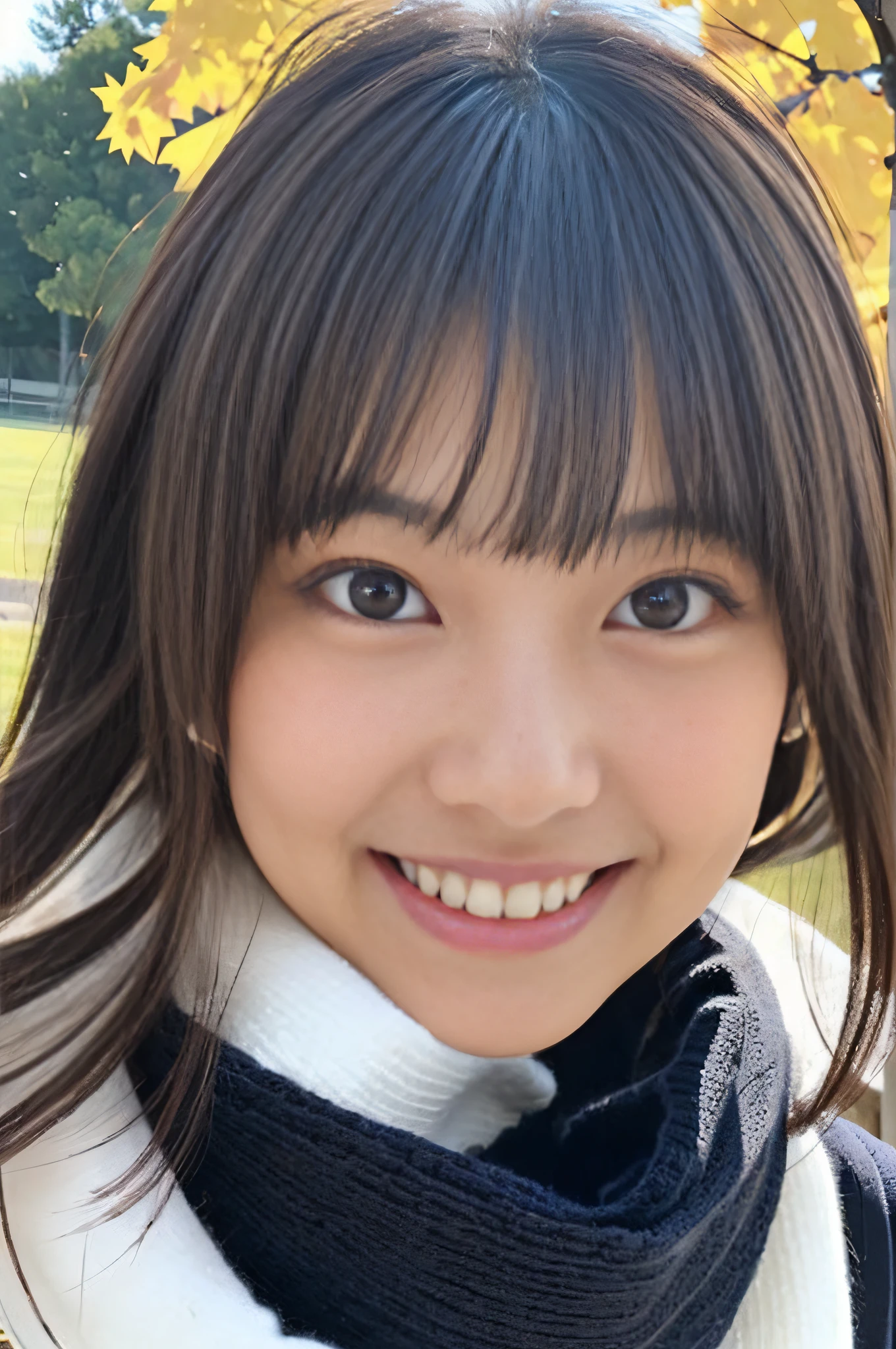 ((Show face only、Close-up of face、no-makeup、ears sticking out of the gaps in the hair,,,,,,,))、(realisitic、Photorealsitic、ultra-detailliert、Highest Details Skins、top-quality、masterpiece、超A high resolution)、Cute Japan Woman、17 age、hi-school girl、younggirl、1 girl in、I have bangs、二重まぶた、drooing eyes、Large black eyes、Japanese style face、ssmile、Charming、purity、Cute smile、double tooth、View here、Realistic skin type、muffler、Long、((Hair is inside the scarf:1.3))、The wind is blowing、autumnal、Colored leaves
