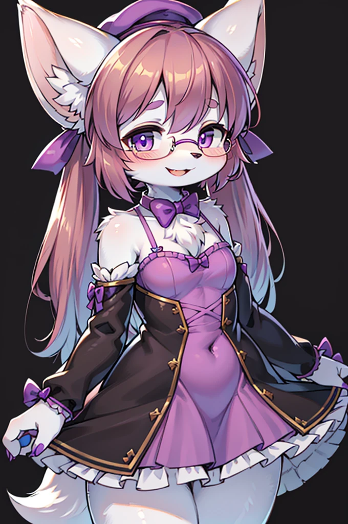 absurdres, furry, female furry, anthro, detailed portrait of a anthro woman, li, extreme detail, detailed fluffy fur, full body, blushing, detailed eyes, (detailed lighting), (cinematic lighting), (masterpiece, hi res, RAW photo, high resolution, high details, best quality), high definition, (high sharpness:1.3), white arctic fox ears, arctic fox tail, white fur, sidelocks, low twintails, dark brown hair, violet_colored_streaked_eyes, purple striped beret, criss-cross straps, purple and violet frilled checkered dress, bowtie on dress, bows in twintails, happy, smiling, purple clothing, glasses, white hands,