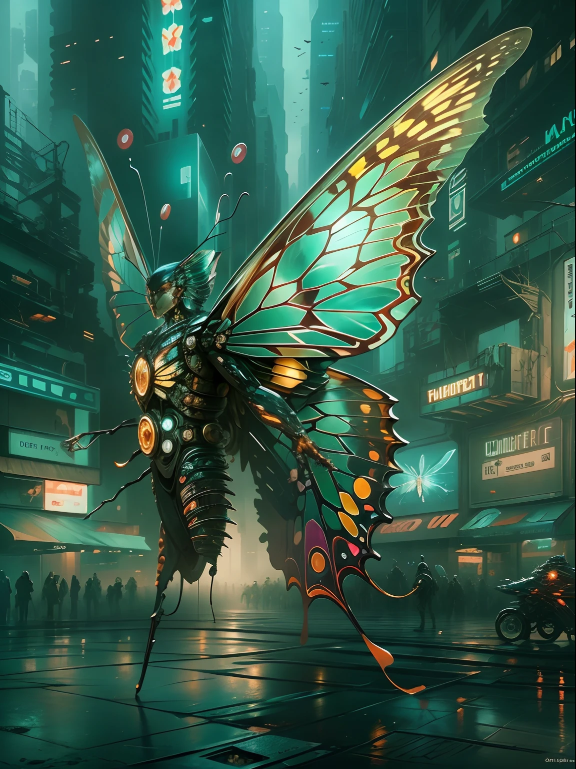 Translucent ethereal mechanical butterfly,The future king of butterflies,Mechanical wings,futuristic urban background,Beautiful sci-fi art, Sci-fi digital art illustration, Digital Cyberpunk Art, science fiction digital painting, futuristic digital painting, futuristic concept art, in front of a sci fi cityscape, science fiction digital art, Advanced digital cyberpunk art, Magical cyberpunk butterfly