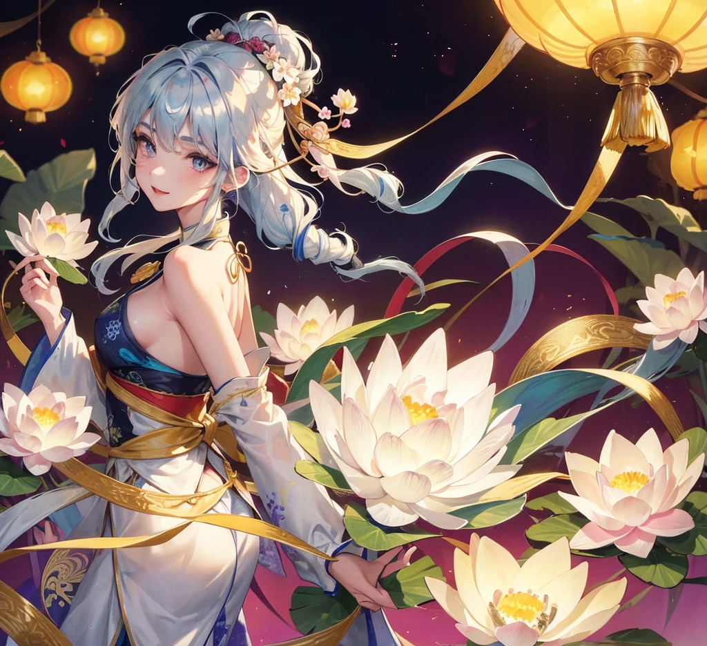 (Fractal Art:1.3), {{​masterpiece,Best Quality}}, top-quality, Delicate background,delicated face,Super delicate,Ultra-detailed CG Unity,8k wallpaper, lensflare, Detailed beautiful eyes,1womanl,Chignon Hair,waved hair,Fetishes,milestone smile,((White and blue hair)),Glowing lilac eyes,chinese clothes,temple,The lotus flowers,Beautiful floral background,chinese lantern,Multicolored lamps,Perfect human body structure,perfect hand.