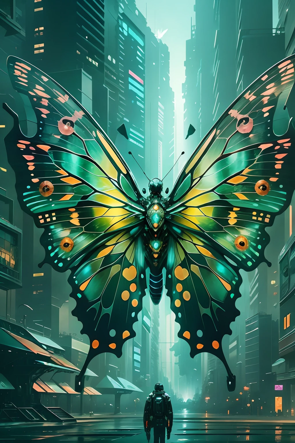 Translucent ethereal mechanical butterfly,The future king of butterflies,Mechanical wings,futuristic urban background,Beautiful sci-fi art, Sci-fi digital art illustration, Digital Cyberpunk Art, science fiction digital painting, futuristic digital painting, futuristic concept art, in front of a sci fi cityscape, science fiction digital art, Advanced digital cyberpunk art, Magical cyberpunk butterfly