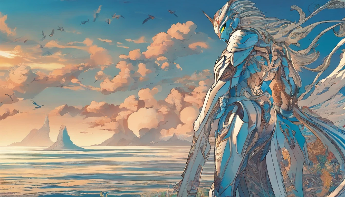 [ Amazing | astounding | delicated ] [Visually inspect the audience]Ultraman&#39;s character statue ， （Best quality， tmasterpiece）， 1人，Cool scenes， City smoke background， upper part of body， Contemporary，Cyan Blue Ultraman Tiga Color Color。[dot paper effect]，Ultra-clear image quality，32K，long-focus。