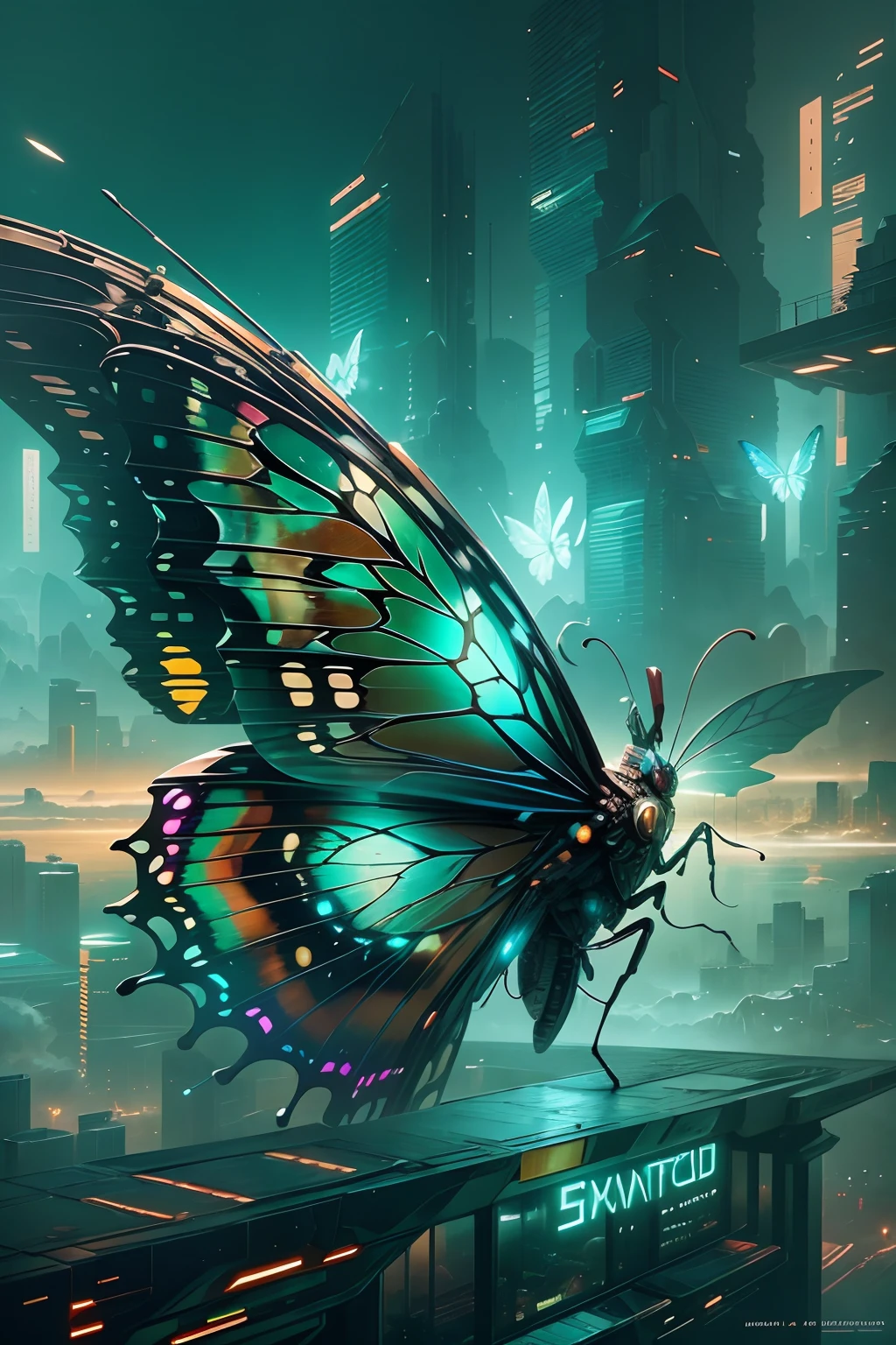 Translucent ethereal mechanical butterfly,The future king of butterflies,Mechanical wings,futuristic urban background,Beautiful sci-fi art, Sci-fi digital art illustration, Digital Cyberpunk Art, science fiction digital painting, futuristic digital painting, futuristic concept art, in front of a sci fi cityscape, science fiction digital art, Advanced digital cyberpunk art, Magical cyberpunk butterfly