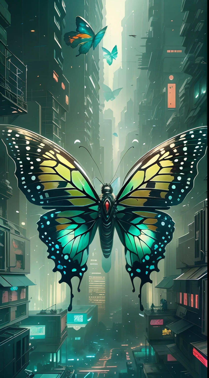 Translucent ethereal mechanical butterfly,Future King of Butterflies,Mechanical wings,futuristic urban background,Beautiful sci-fi art, Sci-fi digital art illustration, Digital Cyberpunk Art, science fiction digital painting, futuristic digital painting, futuristic concept art, in front of a sci fi cityscape, science fiction digital art, Advanced digital cyberpunk art, Magical cyberpunk butterfly