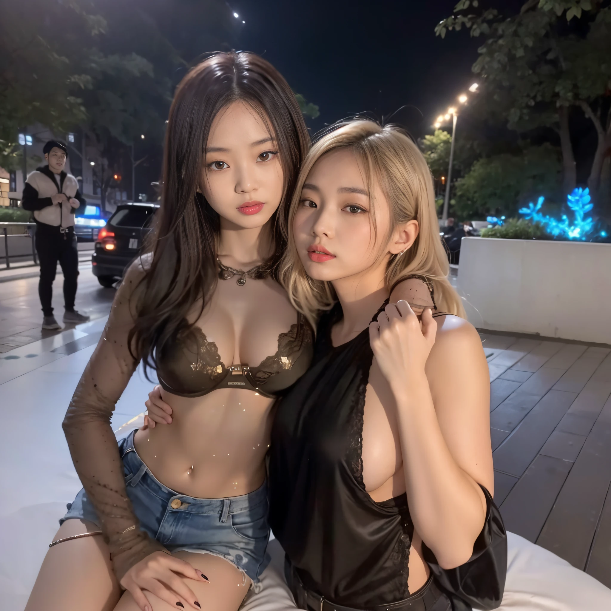 two women posing for a picture in a city at night, nixeu and sakimichan, with black, ulzzang, posing together in bra, trending at cgstation, two girls, kda and sam yang, with ivy, 8k)), trending on cgstation, yanjun chengt, sexy girl, sexy pose, sexy :8, instagram model