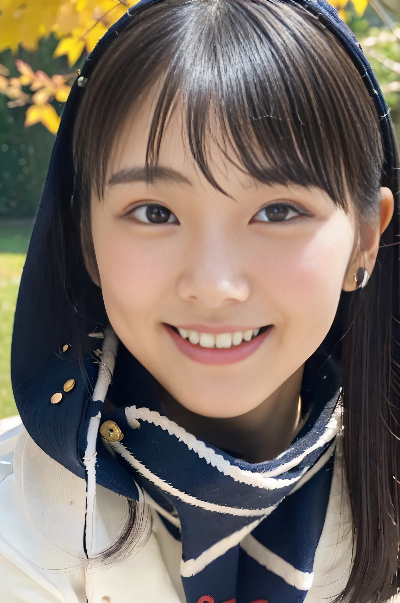 ((Show face only、Close-up of face、no-makeup、ears sticking out of the gaps in the hair,,,,,,,))、(realisitic、Photorealsitic、ultra-detailliert、Highest Details Skins、top-quality、​masterpiece、超A high resolution)、Cute Japan Woman、17 age、hi-school girl、younggirl、1 girl in、I have bangs、二重まぶた、drooing eyes、Large black eyes、Japanese style face、ssmile、Charming、purity、Cute smile、double tooth、View here、Realistic skin type、muffler、short-hair、((Hair is inside the scarf:1.3))、The wind is blowing、Lighting from behind、autumnal、Colored leaves