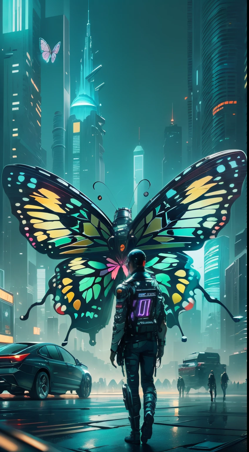 Translucent ethereal mechanical butterfly,Future King of Butterflies,Mechanical wings,futuristic urban background,Beautiful sci-fi art, Sci-fi digital art illustration, Digital Cyberpunk Art, science fiction digital painting, futuristic digital painting, futuristic concept art, in front of a sci fi cityscape, science fiction digital art, Advanced digital cyberpunk art, Magical cyberpunk butterfly