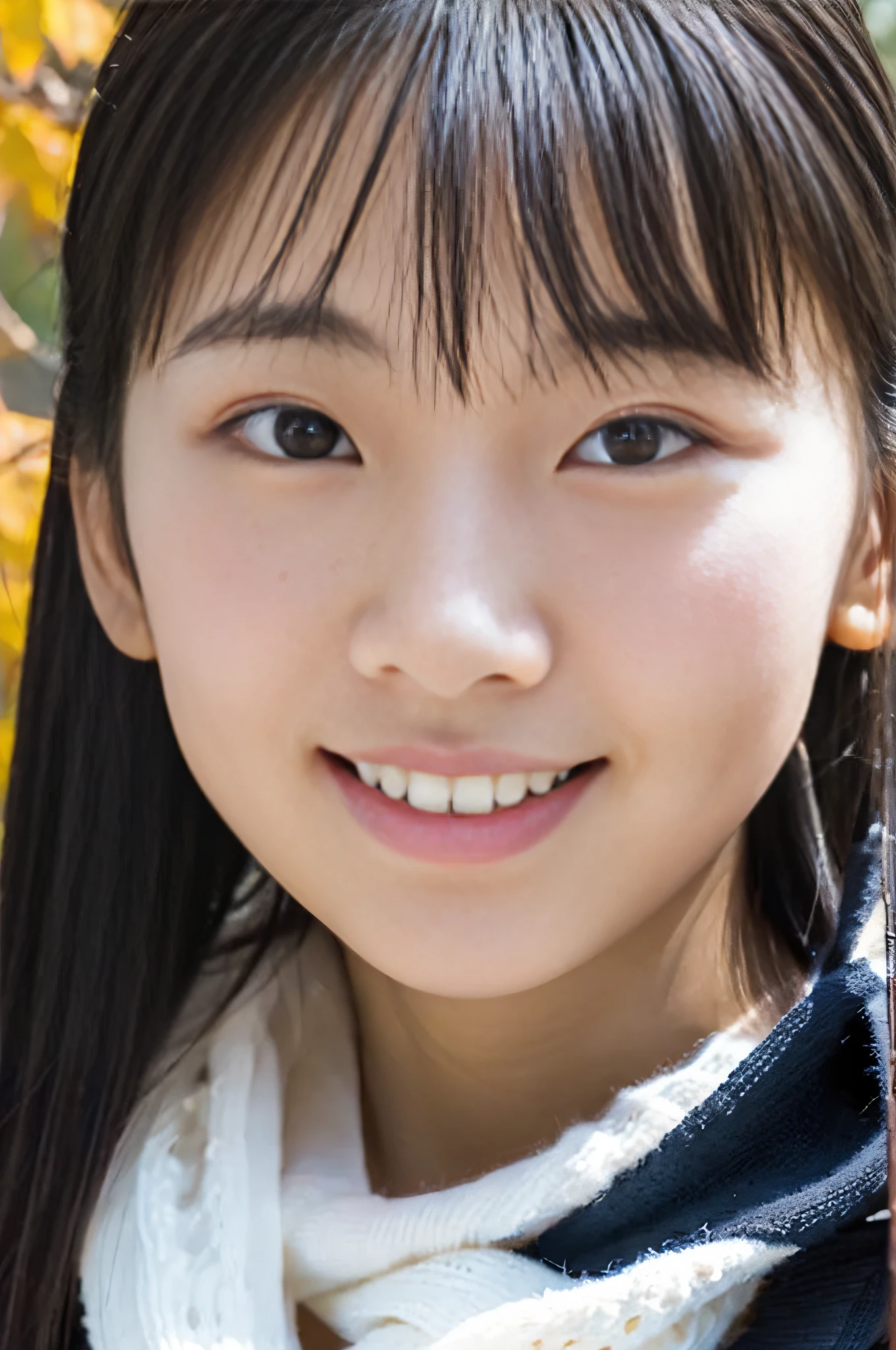 ((Show face only、Close-up of face、no-makeup、ears sticking out of the gaps in the hair,,,,,,,))、(realisitic、Photorealsitic、ultra-detailliert、Highest Details Skins、top-quality、​masterpiece、超A high resolution)、Cute Japan Woman、、hi-school girl、younggirl、1 girl in、I have bangs、二重まぶた、drooing eyes、Large black eyes、Japanese style face、ssmile、Charming、purity、Cute smile、double tooth、View here、Realistic skin type、muffler、short-hair、((Hair is inside the scarf:1.3))、The wind is blowing、Lighting from behind、autumnal、Colored leaves