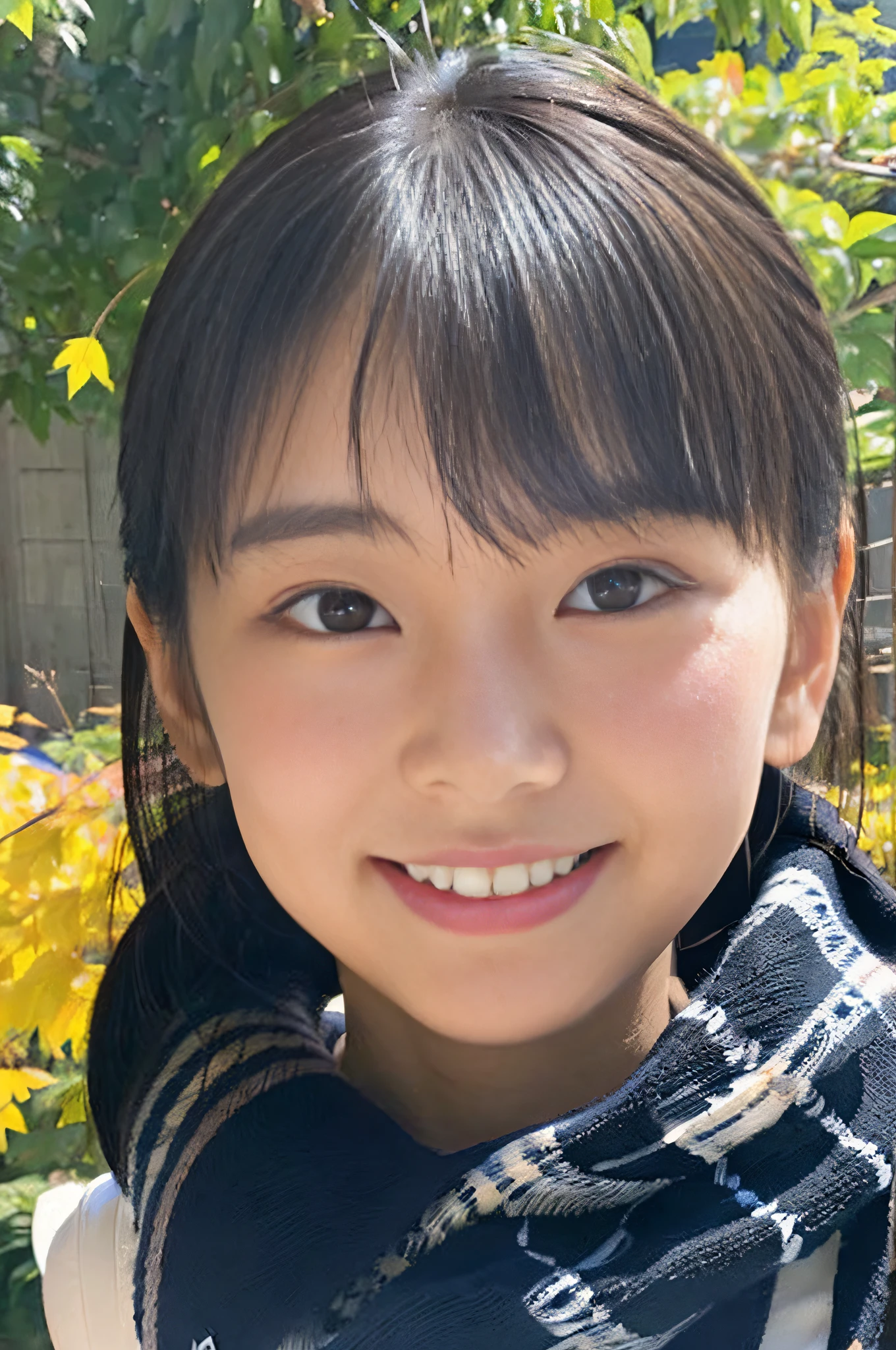 ((Upper body only visible、Close-up of face、no-makeup、ears sticking out of the gaps in the hair,,,,,,,))、(realisitic、Photorealsitic、ultra-detailliert、Highest Details Skins、top-quality、​masterpiece、超A high resolution)、Cute Japan Woman、17 age、hi-school girl、younggirl、1 girl in、I have bangs、二重まぶた、drooing eyes、Large black eyes、Japanese style face、ssmile、Charming、purity、Cute smile、double tooth、View here、Realistic skin type、muffler、short-hair、((Hair is inside the scarf:1.3))、The wind is blowing、Lighting from behind、autumnal、Colored leaves