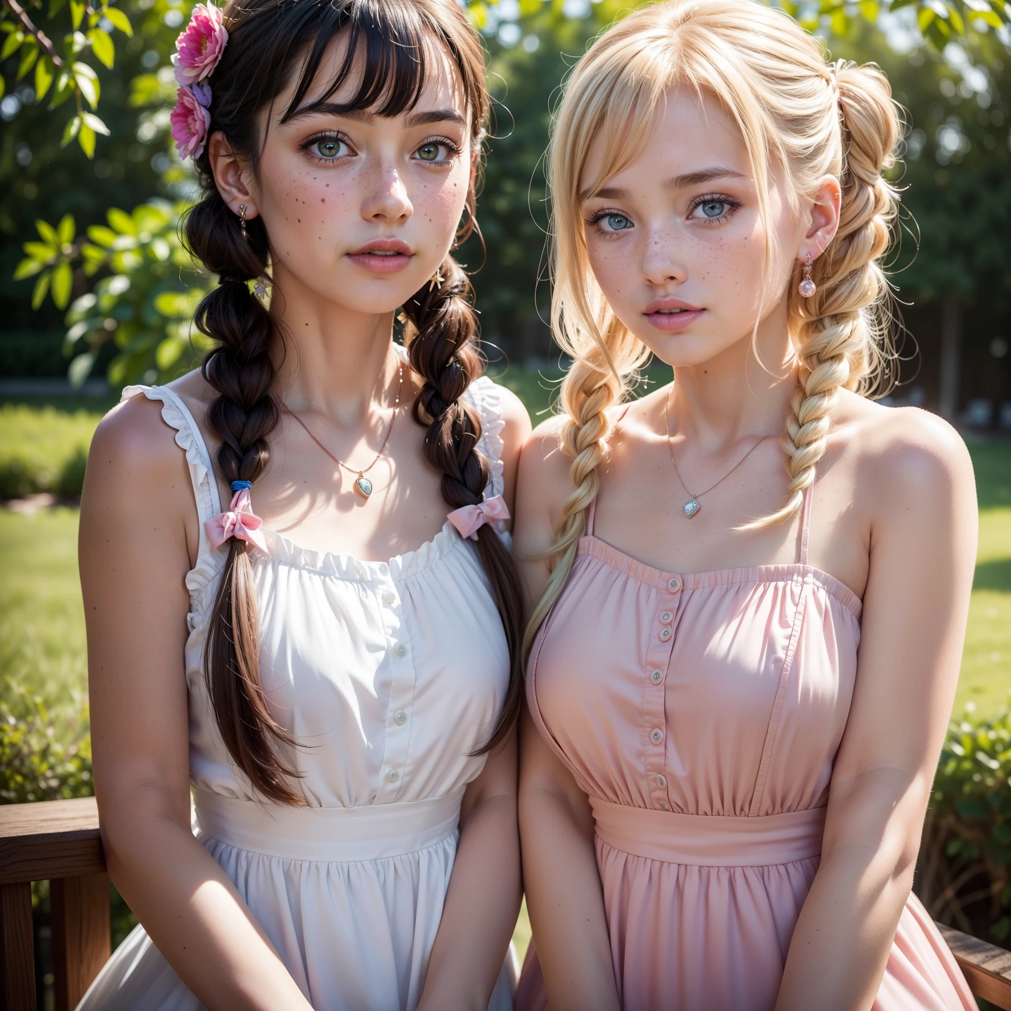 (best quality,4k,8k,highres,masterpiece:1.2),ultra-detailed,(realistic,photorealistic,photo-realistic:1.37),vivid colors,portrait,Studio lighting,beautiful detailed eyes,beautiful detailed lips,extremely detailed eyes and face,longeyelashes,blonde hair,bright blue eyes,rosy cheeks,pink blush,gentle smile,fair skin,soft lighting,delicate features,light makeup,cute freckles,subtle pink lipstick,kawaii hairstyle,pigtails with ribbons,flowy dress,floral patterns,dainty earrings,shimmering necklace,feminine charm,playful expression,innocent gaze.
Be aware of:This is a Stable Diffusion prompt generation model that only contains English,Entering non-English characters is not supported。