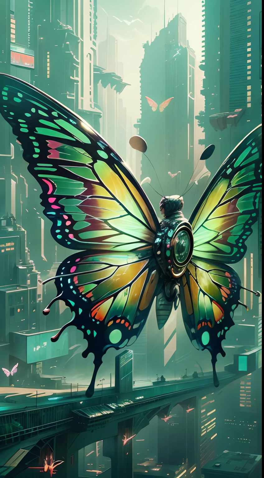 Translucent ethereal mechanical butterfly,Future King of Butterflies,Mechanical wings,futuristic urban background,Beautiful sci-fi art, Sci-fi digital art illustration, Digital Cyberpunk Art, science fiction digital painting, futuristic digital painting, futuristic concept art, in front of a sci fi cityscape, science fiction digital art, Advanced digital cyberpunk art, Magical cyberpunk butterfly