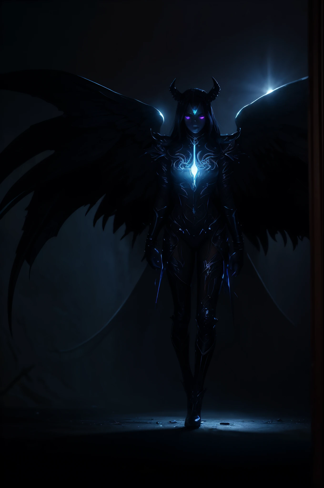 Cosmic Fallen Angel, Glowing light eyes, Dark fentezi, Neo-rendering,eldritch, Creepy, nightmarish, Very bright colors, light particles, with luminous light, Mshiff, Wallpaper Art, UHD wallpaper, slaanesh, seductive