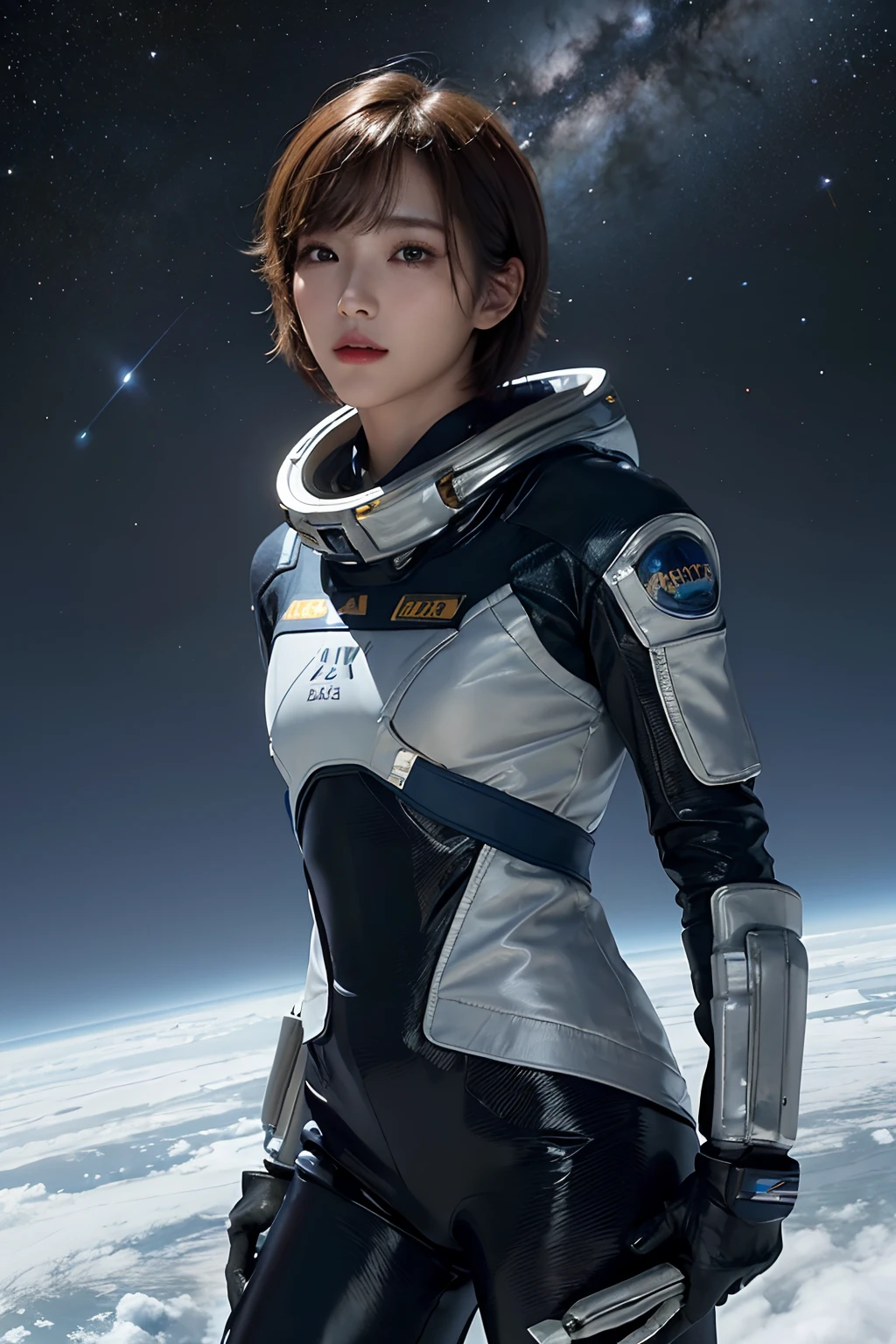 top-quality、​masterpiece、超A high resolution、(realisitic:1.4)、Beautuful Women１、Beautiful detail eyes and skin、ssmile、Light brown short-cut hair、The perfect spacesuit、spaceships、cosmic space、ice planet、weak sunshine、