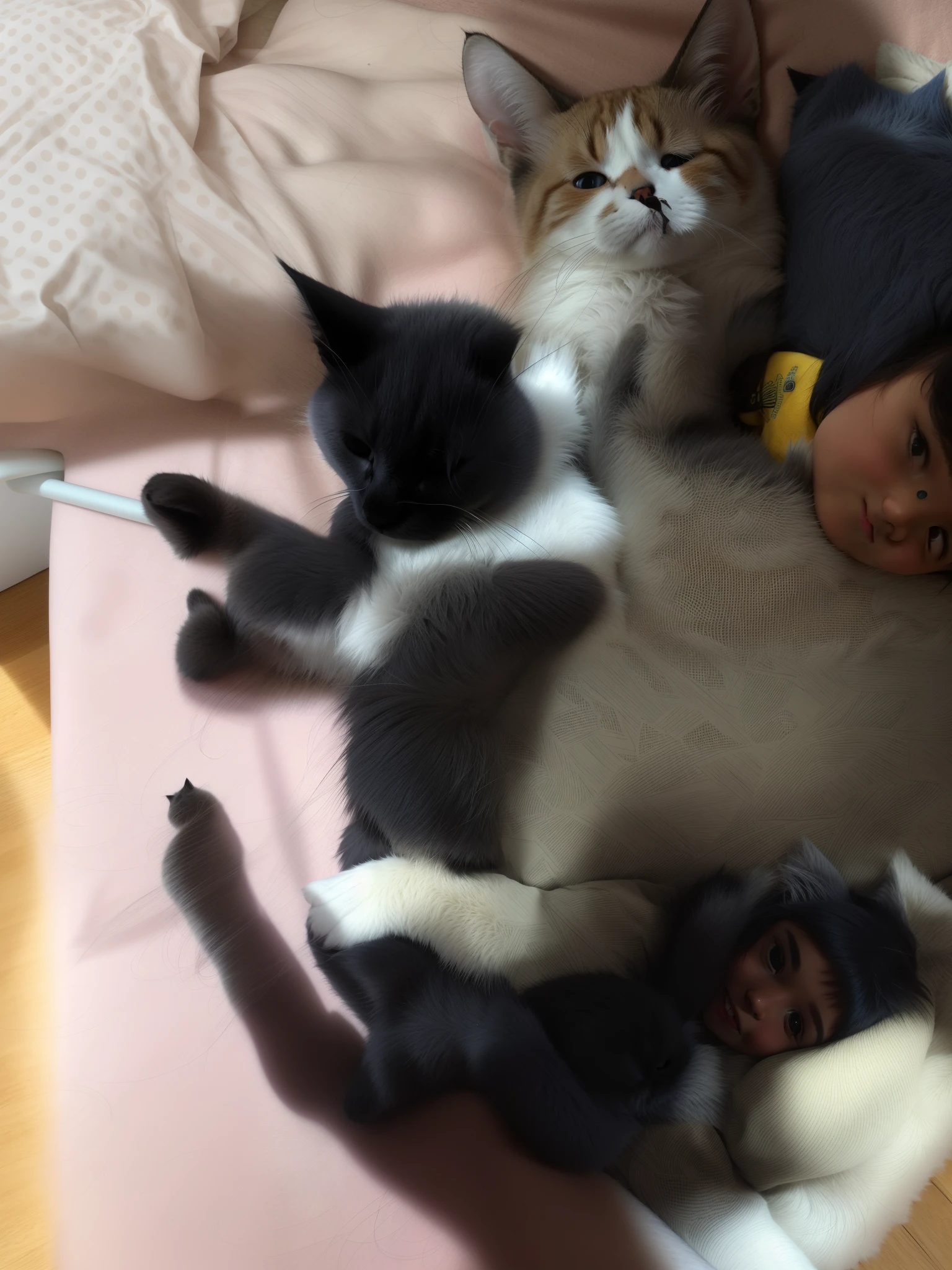 there are two cats lying together on a bed on the floor, babies in her lap, Gatinhos, deitados de costas, dois gatos, both smiling for the camera, olhar orgulhoso, they are all laying down, there is full bedpan next to him, gatinhos bonitos, siblings, muito bobo olhando, Afagam, olhando parcialmente para a esquerda, r/aw
