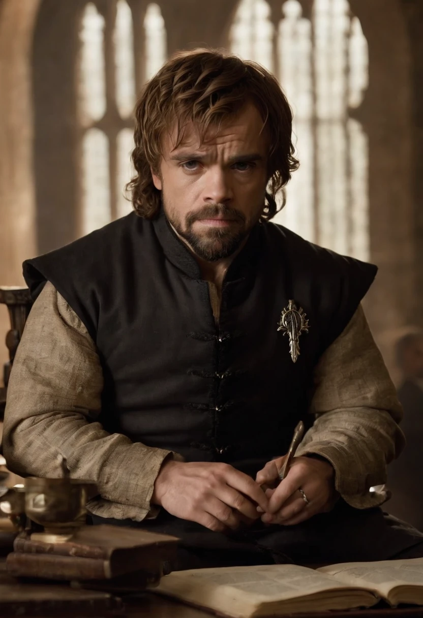 The image is of Tyrion sitting at a desk in a dimly lit study, surrounded by stacks of parchment and quills.,Game of Thrones TV series,Tyrion Lannister, a prominent character from “Game of Thrones,” is distinctive for his short stature due to dwarfism, but he more than compensates with his sharp, expressive eyes and a charismatic, knowing smile. His appearance is further characterized by his well-groomed beard and hair, alongside rich, finely tailored clothing that reflects his high-born status.