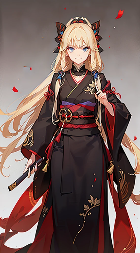 Tall guy, long blond hair, blue eyes, smirk, samurai clothes, sheathed katana, masterpiece, high quality