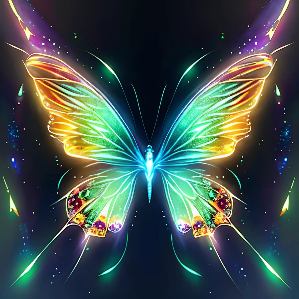 tmasterpiece，Best quality at best，(nothing but butterflies)，(NOhumans),Butterfly neon wings，From beginning to end to the end，Delicate butterflies，The sheen，inverted image，Sparkling blue-green gemstones，Elegant and noble,simple backgound