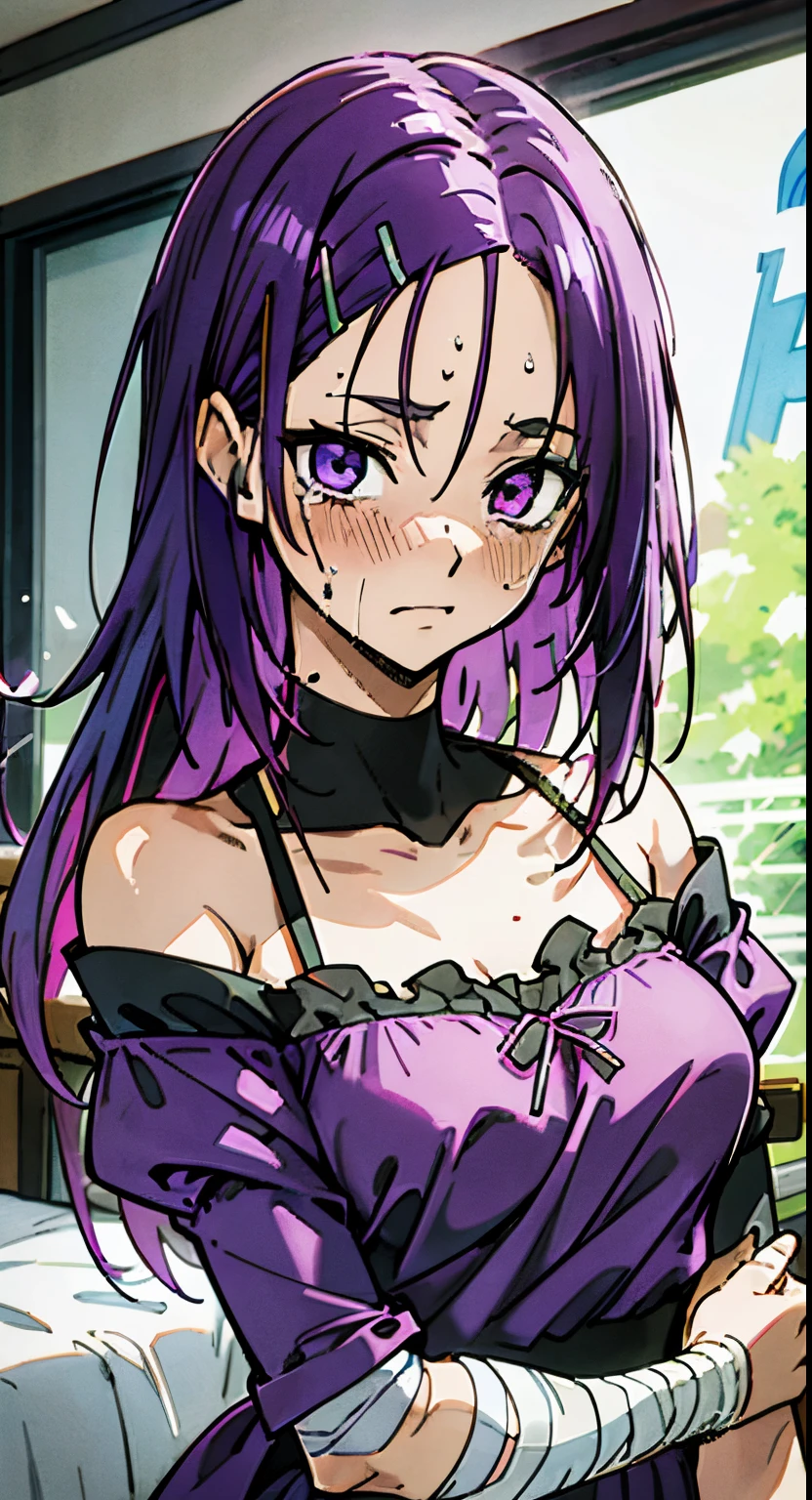 masutepiece, Best Quality, Ultra-detailed, Off-the-shoulder clothing, Colorful,Up-close, Hyper-detailing,Purple hair, Ultra-realistic hair quality, Vibrant colors, Beautuful Women, Beautiful long hair, Shiny hair, detailed hairs, Hair Ribbon, hair clips, Reo Mikage, Blue Lock, no sleeves, Camisole, bandages on necks, bedding, crying, heterochromia, green eyes, purple eyes, blush, tears