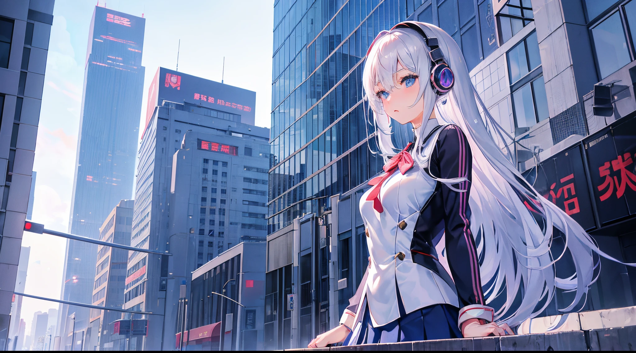 "animemanga girl, 1人, silvery white hair, eBlue eyes, with headphones on, Blouse, Girls' school uniform, Smaller breasts, Hand on chin, tightsuit, Stand cross-legged, Lick lip, Side view, (Full HD 4K+ Image of a)",City square background,looking at viewert,stocklings