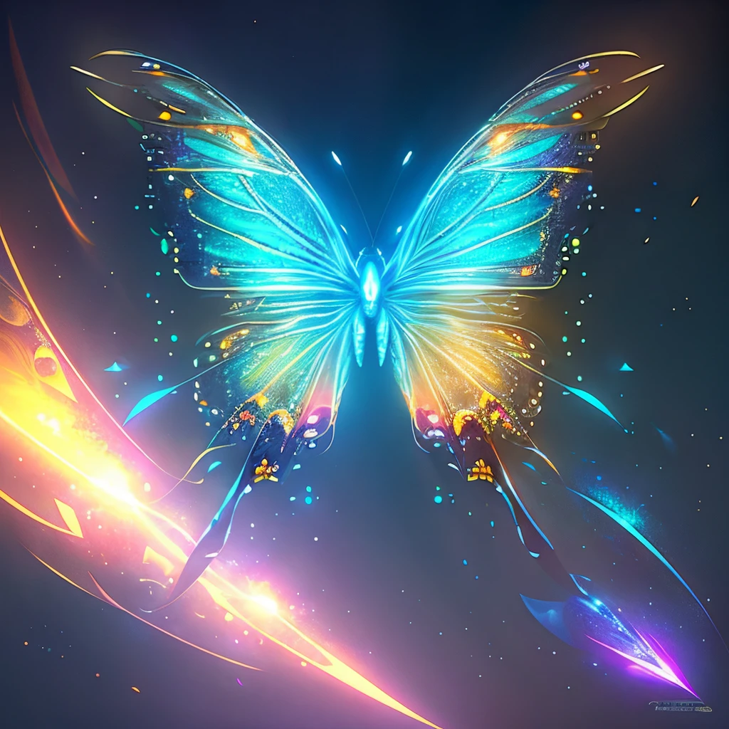 hyper HD, super detailing, Best quality at best, high detal, 1080p, 16k, A high resolution，Butterfly close-up，Butterfly with sparkling surface, amazing symmetrical wings, Magic Crystal Butterfly, Magic butterfly with diamonds, purple sparkles, gold and purple, butterfly bright,, Sparkling gold butterfly, glowing purple, The background is the mysterious cosmic starry sky, butterfly photography, Gemstones and yellow gold rings，(The best illustrations)，(The best shadow)，isometric 3D.octaneratingrendering，Hyper-realistic