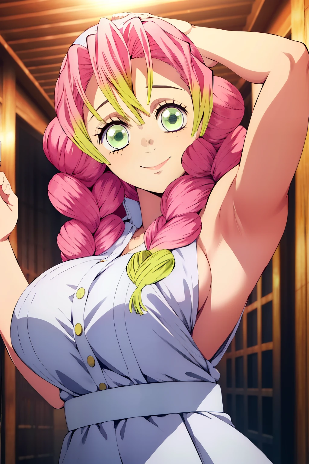 (obra maestra, mejor calidad), 1chica, MitsuriKanroji, deslumbrante, sonrisa, breast, armpits, nurse, ((smiling)), dynamic pose