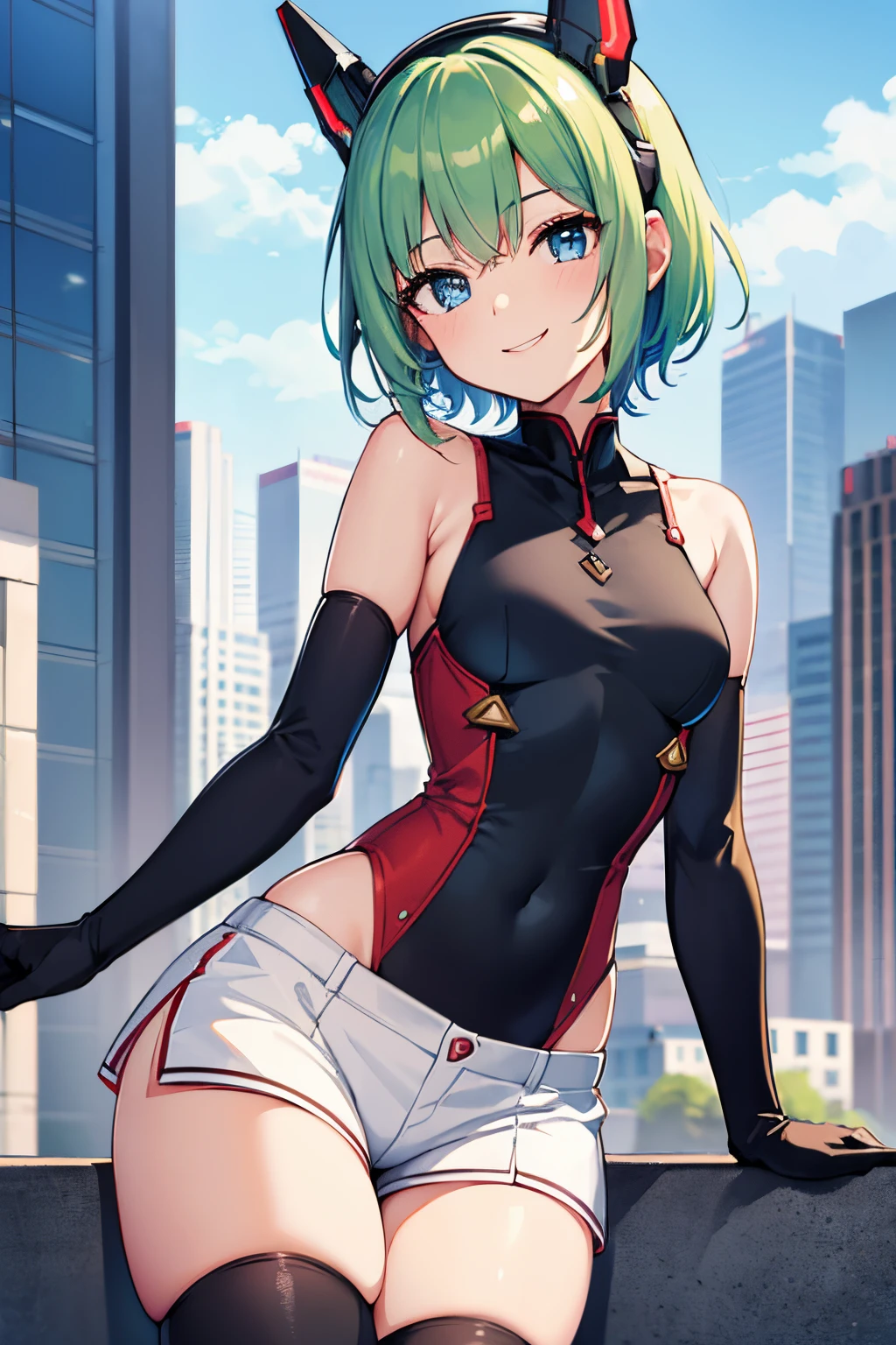 a girl with red low-cut blouse, small breasts, white shorts, long stockings, flirtatious look, very well detailed, cityscape or academy, green hair, short hair, blue eyes, mecha headgear, elbow gloves, black gloves, smiling