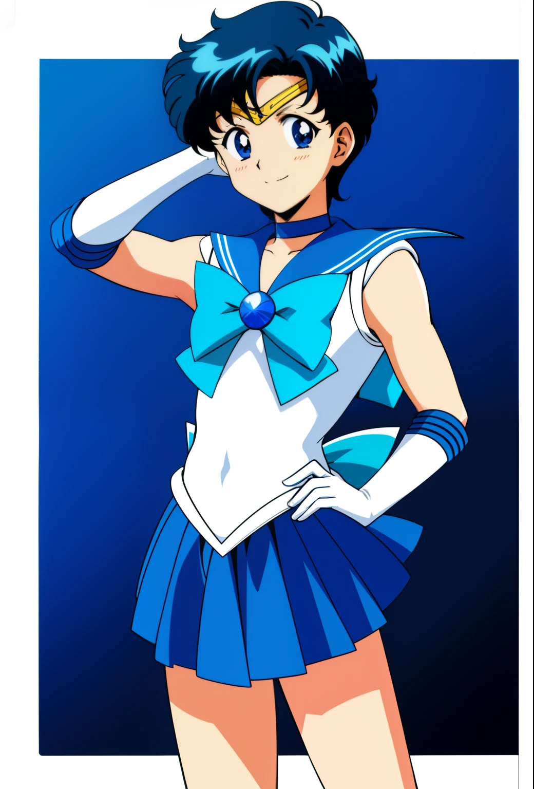 Top Quality Anime Art、​masterpiece、high definition anime art、anime style 4 k、Anime Boy、Handsome boy、 boys、gender change、gender change(Girls to boys)、Sailor Mercury、Ami Mizuno、Sailor Senshi Uniform、Masculinization、rating:safe、Blue choker、solo、Very short blue-haired boy、Blue-eyed boy、Blue sailor collar、Sky blue bow tie、skirt、Magical Boy、white glove、elbowgloves、jewelry、a blue skirt、bow、back_bow、White leotard、highleg leotard、robe blanche、耳Nipple Ring、smile、circlet、a miniskirt、pleatedskirt、official_style、cowboy_shot、looking_at_viewer、blue_theme、blue_bow、sky blue_bow、brooch、Muscular men、Bare shoulders、bare legs、(1990's\(styles\):0.9)、