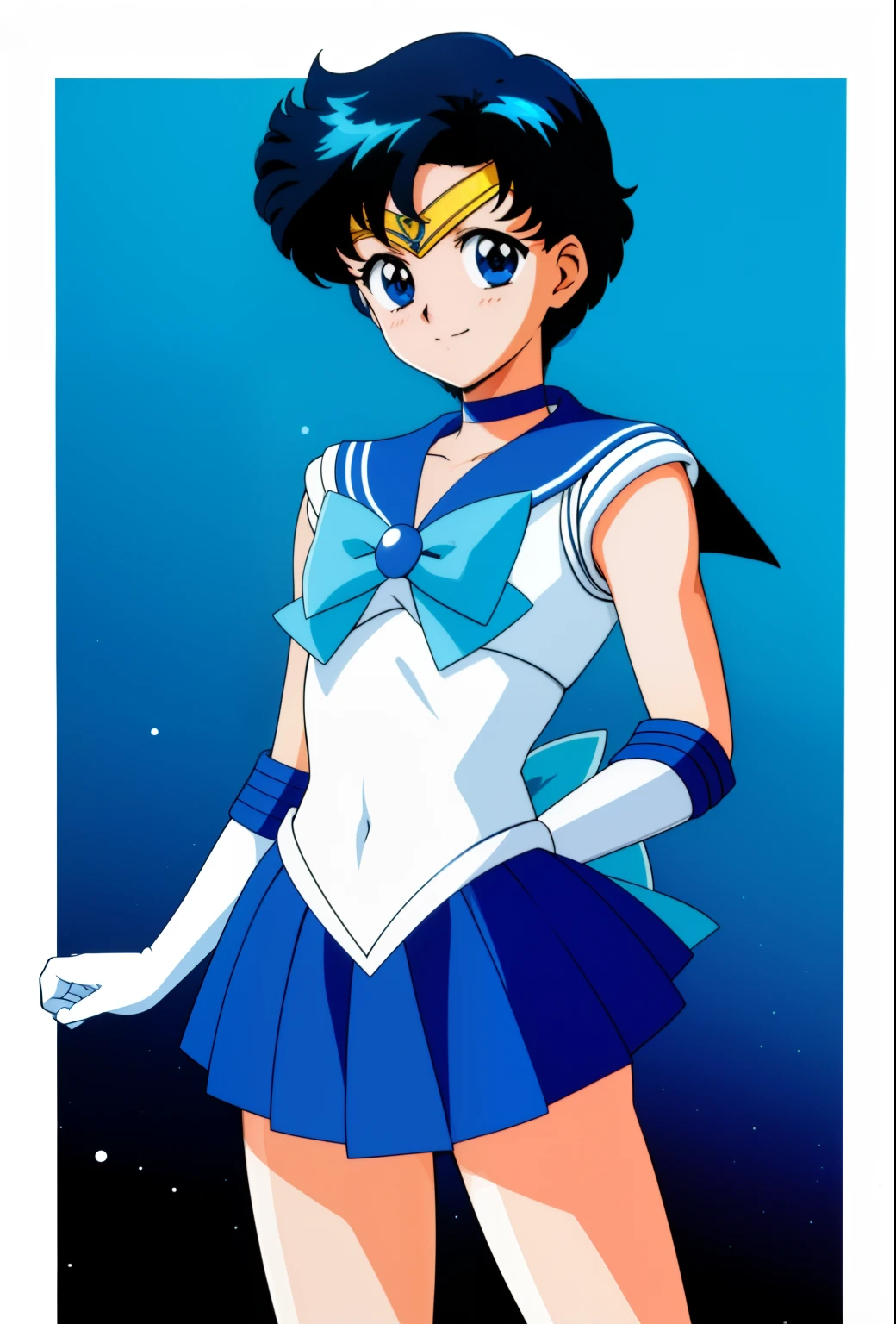 Top Quality Anime Art、​masterpiece、high definition anime art、anime style 4 k、Anime Boy、Handsome boy、Junior high school boys、gender change、gender change(Girls to boys)、Sailor Mercury、Ami Mizuno、Sailor Senshi Uniform、Masculinization、rating:safe、Blue choker、solo、Very short blue-haired boy、Blue-eyed boy、Blue sailor collar、Sky blue bow tie、skirt、Magical Boy、white glove、elbowgloves、jewelry、a blue skirt、bow、back_bow、White leotard、highleg leotard、robe blanche、耳Nipple Ring、smile、circlet、a miniskirt、pleatedskirt、official_style、cowboy_shot、looking_at_viewer、blue_theme、blue_bow、sky blue_bow、brooch、Muscular men、Bare shoulders、bare legs、(1990's\(styles\):0.9)、