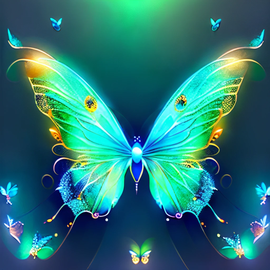 tmasterpiece，Best quality at best，(nothing but butterflies)，(NOhumans),Butterfly neon wings，From beginning to end to the end，Delicate butterflies，The sheen，inverted image，Sparkling blue-green gemstones，Elegant and noble,simple backgound