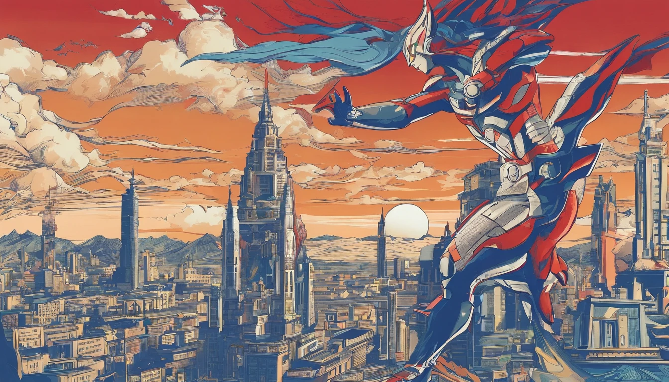 [ Amazing | astounding | delicated ] [Visually inspect the audience]Ultraman&#39;s character statue ， （Best quality， tmasterpiece）， 1人，combat scene， City smoke background， upper part of body， Contemporary，Blue Ultraman Tiga Color Color。[dot paper effect]，Ultra-clear image quality，32K，long-focus。
