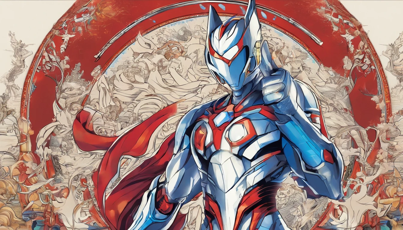 [ Amazing | astounding | delicated ] [Visually inspect the audience]Ultraman&#39;s character statue ， （Best quality， tmasterpiece）， 1人，combat scene， City smoke background， upper part of body， Contemporary，Blue Ultraman Tiga Color Color。[dot paper effect]，Ultra-clear image quality，32K，long-focus。