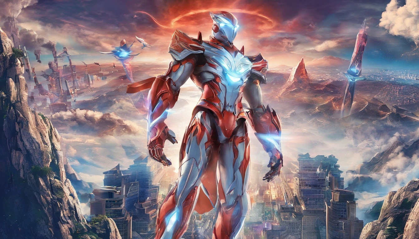 [ Amazing | astounding | delicated ] [Visually inspect the audience]Ultraman&#39;s character statue ， （Best quality， tmasterpiece）， 1人，combat scene， City smoke background， upper part of body， Contemporary，Blue Ultraman Tiga Color Color。[dot paper effect]，Ultra-clear image quality，32K，long-focus。