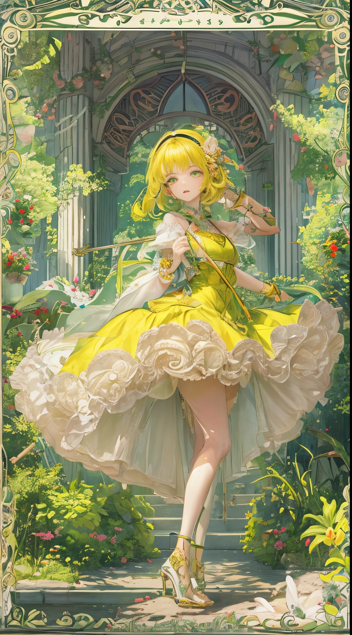 （tmasterpiece，top Quority，best qualtiy，offcial art，Violence and aesthetics：1.2），Extremely detailed，（s fractal art：1.3），rich colourful，highest details，one-girl，in style of ghibli，Yellow hair，tender green eyes，adolable，Full of vitality，Fair skin，Full body appearance，shift dresses，freshen，Park background，white stockings，Long legs