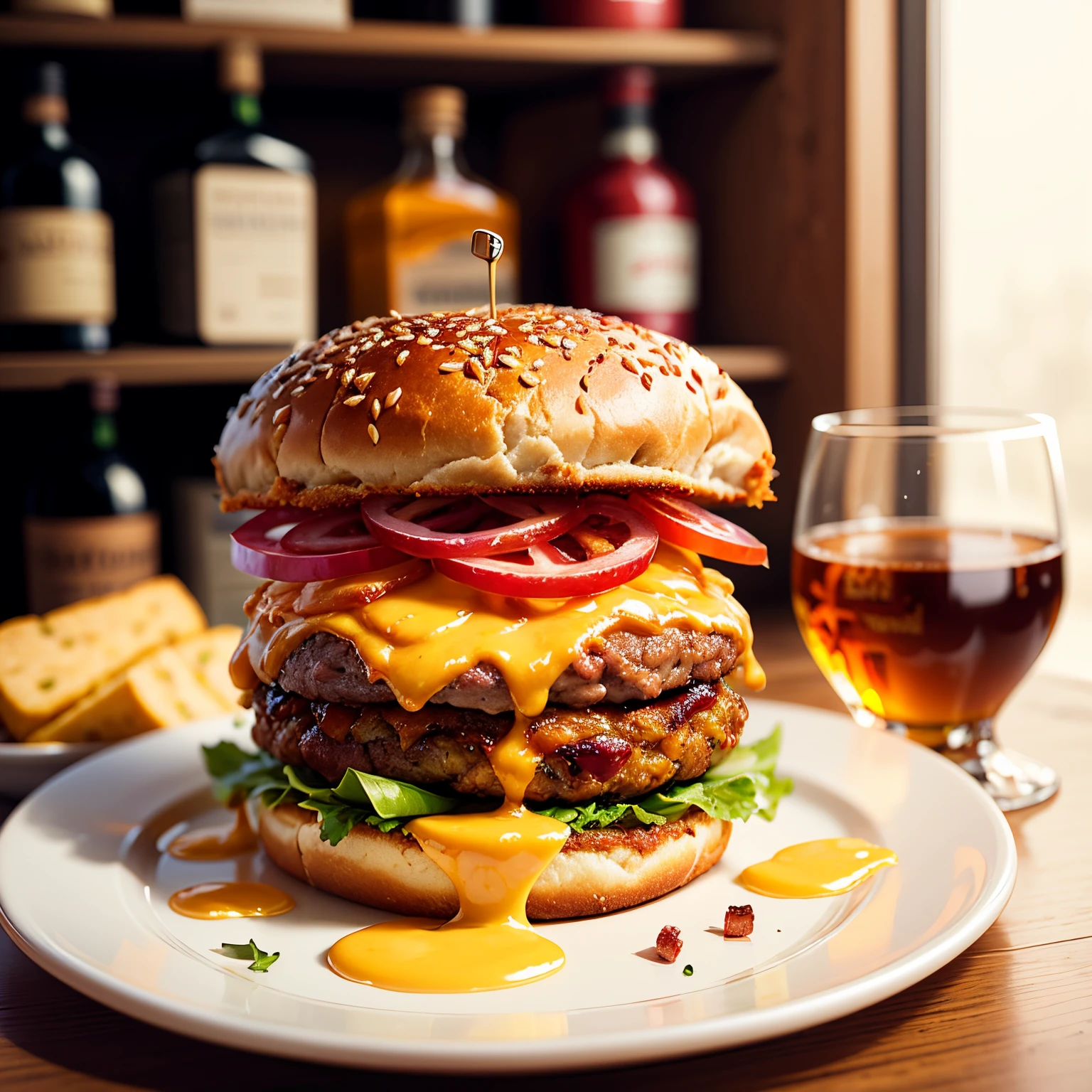 a delicious triple meat hamburger with bacon and yellow cheese, accompanied with a glass of whiskey
