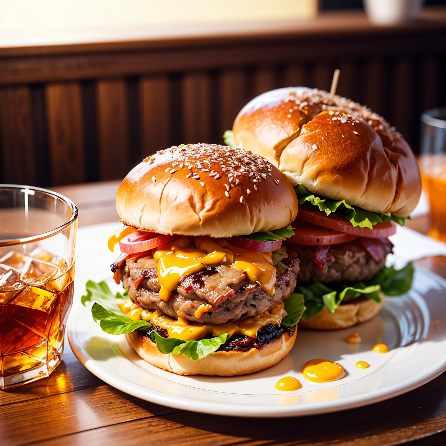 a delicious triple meat hamburger with bacon and yellow cheese, accompanied with a glass of whiskey