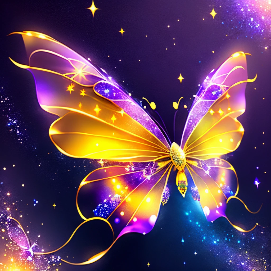 hyper HD, super detailing, Best quality at best, high detal, 1080p, 16k, A high resolution，Butterfly close-up，Butterfly with sparkling surface, amazing symmetrical wings, Magic Crystal Butterfly, Magic butterfly with diamonds, purple sparkles, gold and purple, butterfly bright,, Sparkling gold butterfly, glowing purple, The background is the mysterious cosmic starry sky, butterfly photography, Gemstones and yellow gold rings，(The best illustrations)，(The best shadow)，isometric 3D.octaneratingrendering，Hyper-realistic