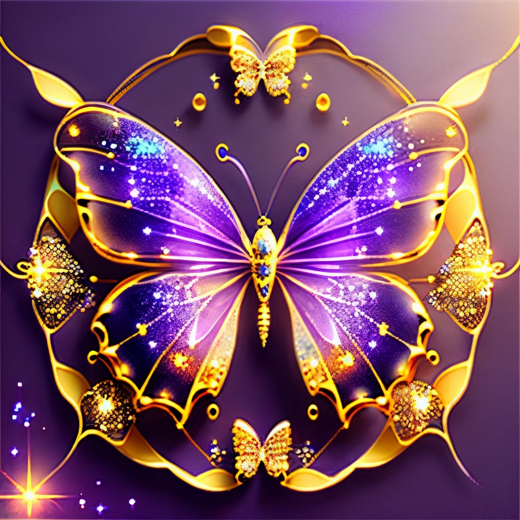 hyper HD, super detailing, Best quality at best, high detal, 1080p, 16k, A high resolution，Butterfly close-up，Butterfly with sparkling surface, amazing symmetrical wings, Magic Crystal Butterfly, Magic butterfly with diamonds, purple sparkles, gold and purple, butterfly bright,, Sparkling gold butterfly, glowing purple, The background is the mysterious cosmic starry sky, butterfly photography, Gemstones and yellow gold rings，(The best illustrations)，(The best shadow)，isometric 3D.octaneratingrendering，Hyper-realistic