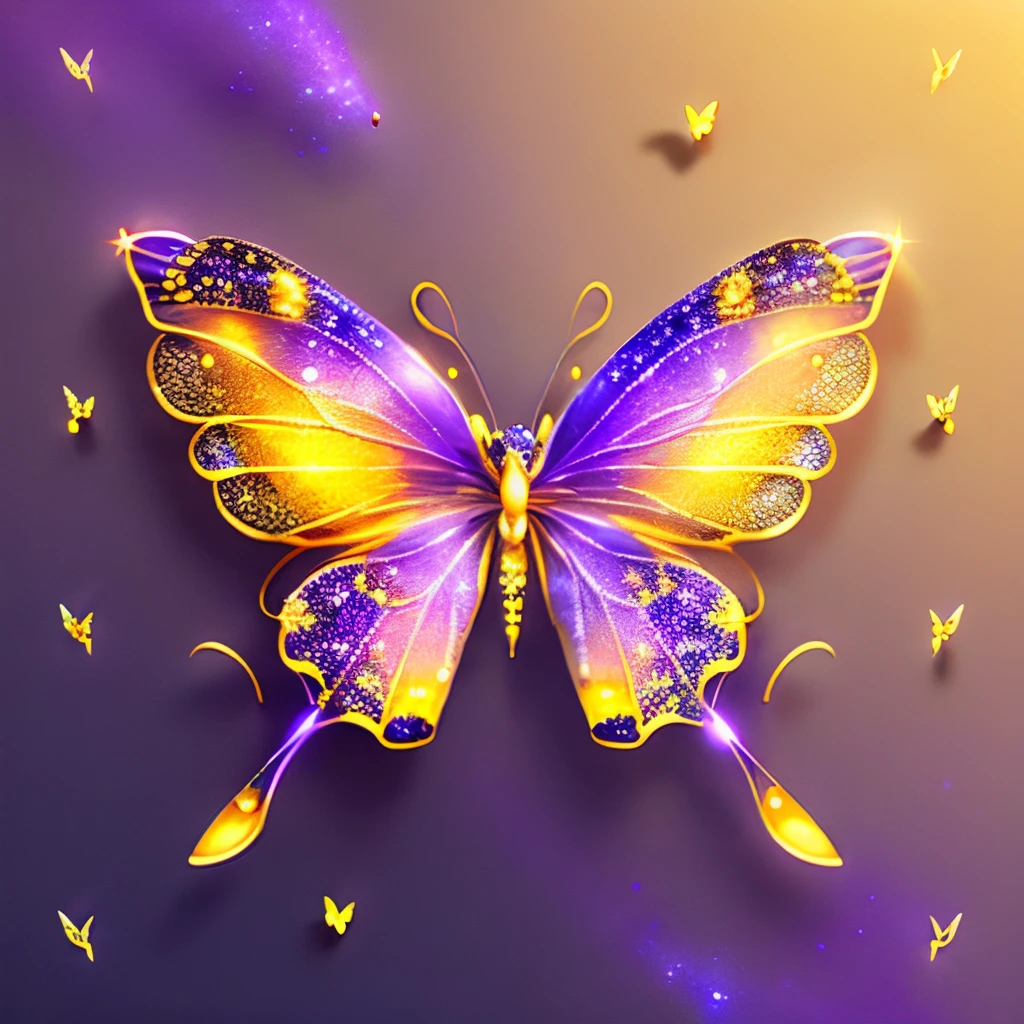 hyper HD, super detailing, Best quality at best, high detal, 1080p, 16k, A high resolution，Butterfly close-up，Butterfly with sparkling surface, amazing symmetrical wings, Magic Crystal Butterfly, Magic butterfly with diamonds, purple sparkles, gold and purple, butterfly bright,, Sparkling gold butterfly, glowing purple, The background is the mysterious cosmic starry sky, butterfly photography, Gemstones and yellow gold rings，(The best illustrations)，(The best shadow)，isometric 3D.octaneratingrendering，Hyper-realistic