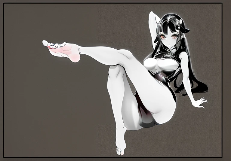 (best quality,highres),woman in qipao sitting on legs,detailed line art, hands behind body pose!,anime pose,simple artistic lines,thick black line art,sensual gesture with hands, bold lines, dynamic and interesting pose, legs straight!!! intricate and complex, relaxed pose, perfect lines, provocative pose, line art, various poses,bare-legged