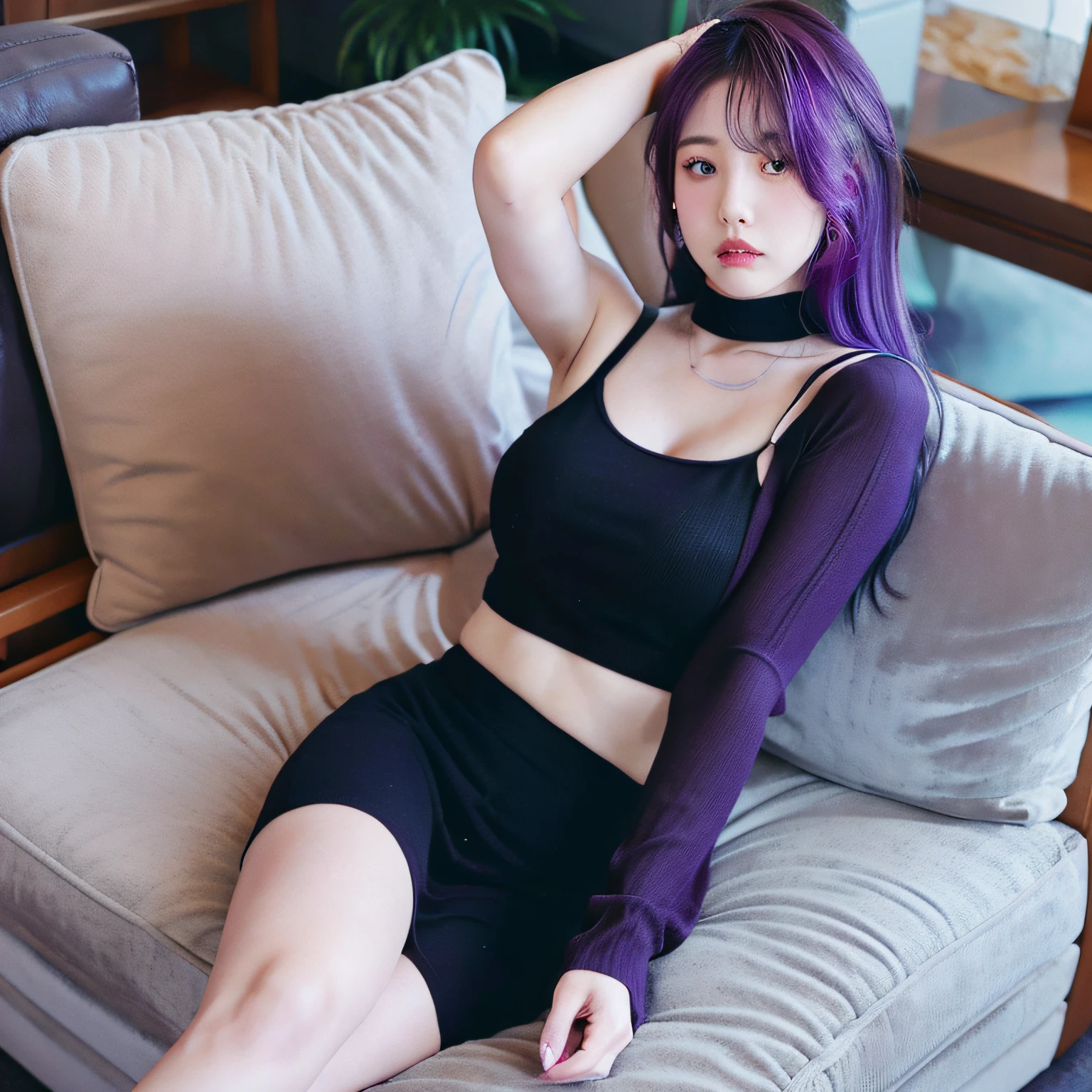 arafed asian woman with purple hair and tattoos sitting on a couch, thicc, bbwchan, asian nymph goddess, sitting on the couch, sitting on couch, half asian, sitting on a couch, seductively looking in front, sitting on the sofa, low perspective, sitting on the bed, very sexy outfit, exposed thighs!!!