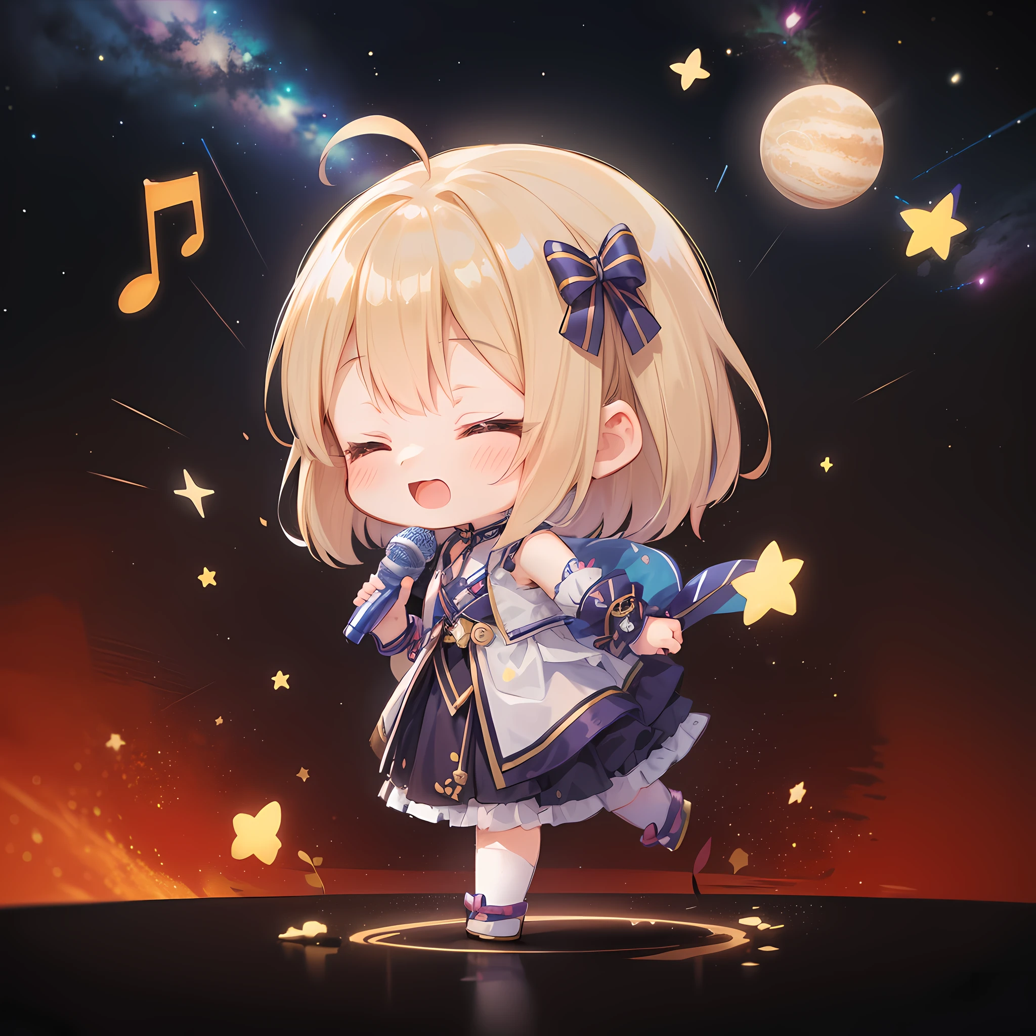 (((masutepiece))), Best Quality, Extremely detailed, Anime, (idol costume:1.2), (Singing:1.3), (Hold the microphone), (From Side), (((girl with))), (((Solo))), Happy, Closed eyes, Full body, Ahoge, (((Deformed))), (((Chibi Character))), (Space background), (Milky Way Background), (Note Pattern)