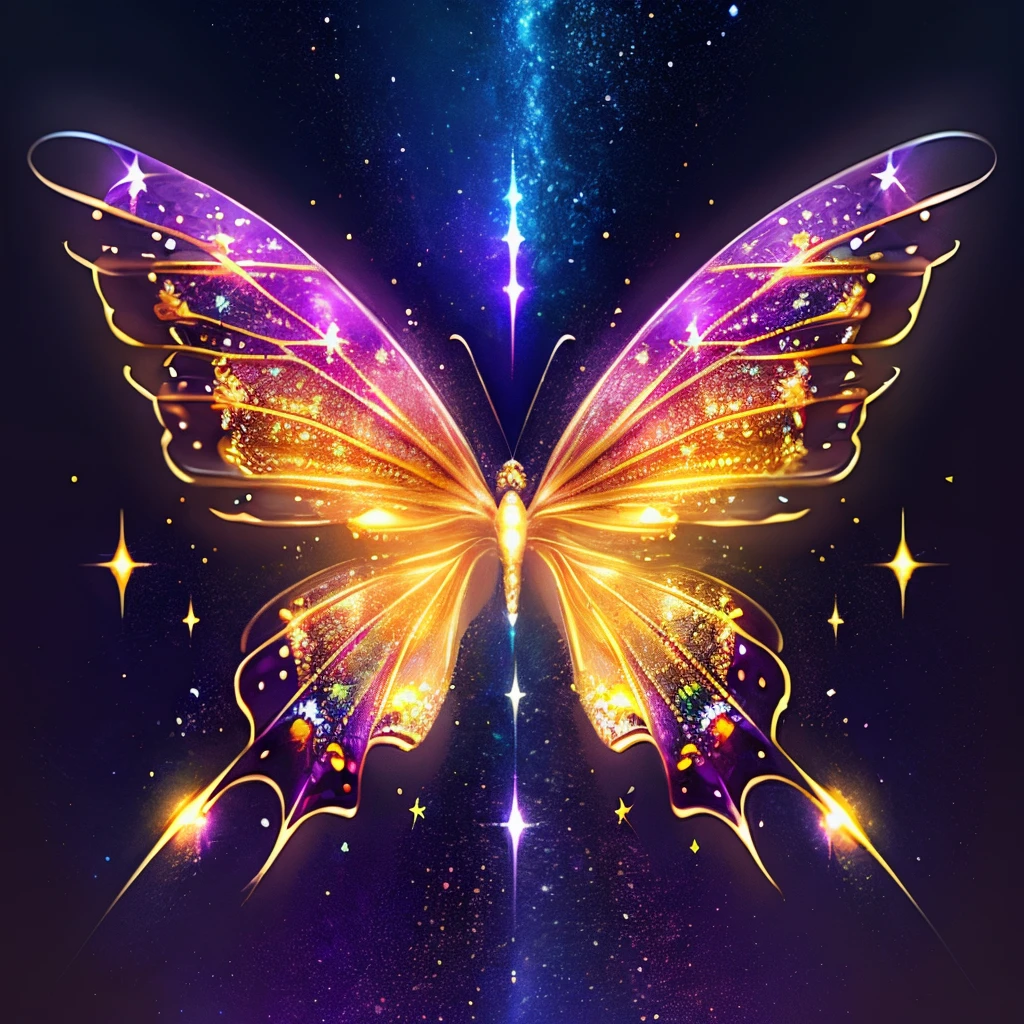 hyper HD, super detailing, Best quality at best, high detal, 1080p, 16k, A high resolution,Butterfly close-up,Butterfly with sparkling surface, amazing symmetrical wings, Magic Crystal Butterfly, Magic butterfly with diamonds, purple sparkles, gold and purple, butterfly bright,, Sparkling gold butterfly, glowing purple, The background is the mysterious cosmic starry sky, butterfly photography, Gemstones and yellow gold rings,(The best illustrations),(The best shadow),isometric 3D.octaneratingrendering,Hyper-realistic