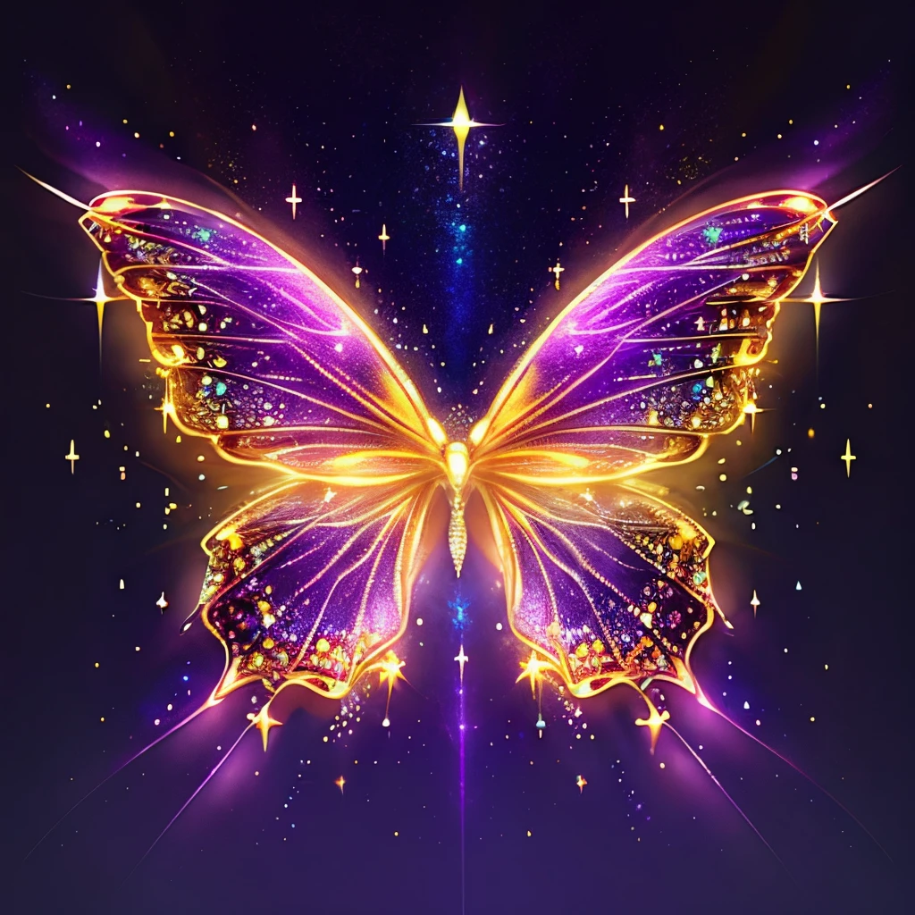 hyper HD, super detailing, Best quality at best, high detal, 1080p, 16k, A high resolution，Butterfly close-up，Butterfly with sparkling surface, amazing symmetrical wings, Magic Crystal Butterfly, Magic butterfly with diamonds, purple sparkles, gold and purple, butterfly bright,, Sparkling gold butterfly, glowing purple, The background is the mysterious cosmic starry sky, butterfly photography, Gemstones and yellow gold rings，(The best illustrations)，(The best shadow)，isometric 3D.octaneratingrendering，Hyper-realistic