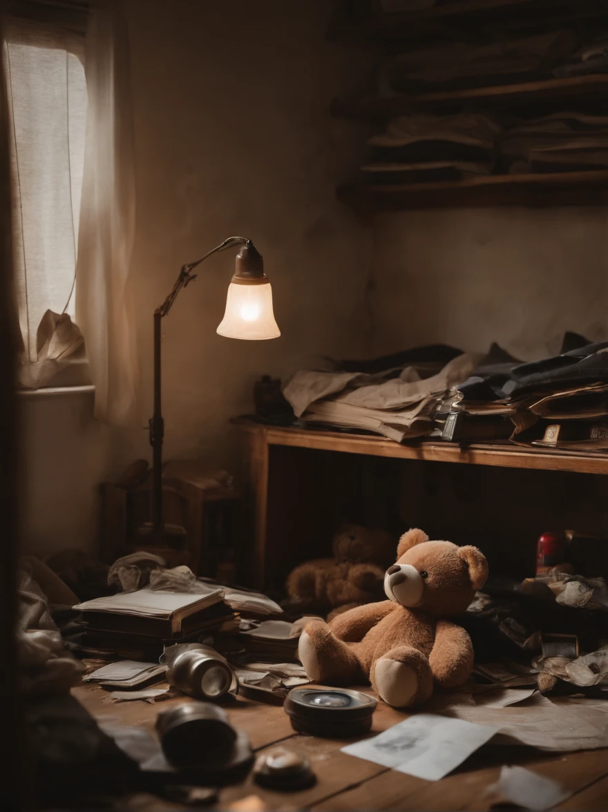 (Best quality at best,4K,A high resolution,tmasterpiece:1.2)，ultra - detailed，（（Dim light：1.3）），（フォトリアリスティック:1.37），（（（Messy photography studio：1.5））），No one inside, The socks under the bed don&#39;t match, Shabby wooden chair，（A broken photography light on the ground：1.3），（The desk and floor are piled with various worn-out cameras and lenses：1.5），Old photos and photography magazines，Old photos and old newspapers on the wall，old magazines，Dirty laundry was scattered throughout the room, dusty atmosphere, dim murky lights, messy rooms, Overlooked plants in the corner, piles of unfolded clothes, Cluttered bookshelves，filled with books and trinkets, Half-open windows，The curtains were in tatters, messy bed，The sheets were crumpled, Art supplies scattered on the table, A cracked mirror reflects chaos, The atmosphere is gloomy and chaotic, A forgotten teddy bear lies on the floor, The walls are littered with unfinished drawings, Scattered coffee cups and empty snack wrappers, The lamp on the bedside table is broken, The floor was covered with a worn carpet, Somber color palette with pastel tones, a feeling of being ignored and confused，（Motion picture film tones，Antique color，retro tone，Fading effect）