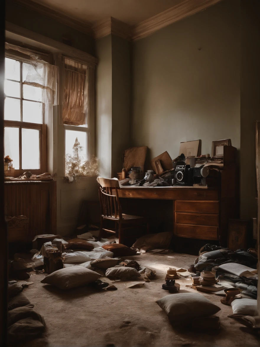 (Best quality at best,4K,A high resolution,tmasterpiece:1.2),ultra - detailed,((Dim light:1.3)),(フォトリアリスティック:1.37),(((Messy photography studio:1.5))),No one inside, The socks under the bed don't match, Shabby wooden chair,(A broken photography light on the ground:1.3),(The desk and floor are piled with various worn-out cameras and lenses:1.5),Old photos and photography magazines,Old photos and old newspapers on the wall,old magazines,Dirty laundry was scattered throughout the room, dusty atmosphere, dim murky lights, messy rooms, Overlooked plants in the corner, piles of unfolded clothes, Cluttered bookshelves,filled with books and trinkets, Half-open windows,The curtains were in tatters, messy bed,The sheets were crumpled, Art supplies scattered on the table, A cracked mirror reflects chaos, The atmosphere is gloomy and chaotic, A forgotten teddy bear lies on the floor, The walls are littered with unfinished drawings, Scattered coffee cups and empty snack wrappers, The lamp on the bedside table is broken, The floor was covered with a worn carpet, Somber color palette with pastel tones, a feeling of being ignored and confused,(Motion picture film tones,Antique color,retro tone,Fading effect)
