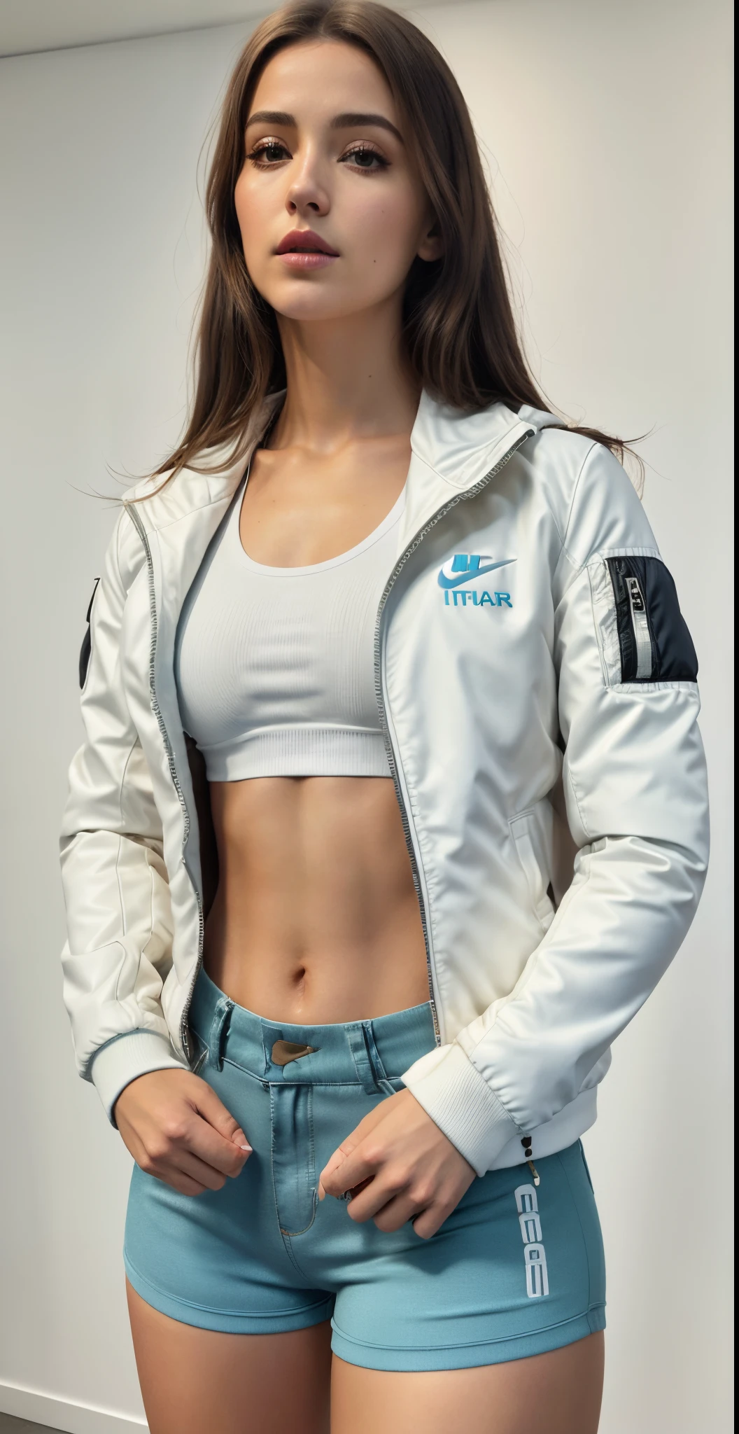 uma mulher de jaqueta branca e shorts cinza posando para uma foto, suit jacket, jaqueta curta, jaqueta esportiva, white jacket, translucent body, jaqueta sobre tronco nu, desgaste sutil - e - rasgo, corpo transparente, INSPO, roupas esportivas, encapuzado, wearing jacket, Fato de ciclismo Nike, roupas esportivas, jaqueta bomber, Metal Refletivo, jaqueta puffer transparente, fotografia realista, fotografia, obra-prima, realista, Realismo, renderizado, Alto contraste, Arte Digital, fotográficorealista, trend in Artstation 8k HD, high definiton, circunstanciado, Realistic, detalhada, textura da pele, hiperdetalhada, Textura realista da pele, melhor qualidade, ultra high-resolution, (fotografia realista: 1.4), alta resolução, detalhada, fotografia crua, Crisp resolution, Nikon d850 filme, fotografia de stock 4, Kodak Portra 400 Camera F1 Lens.6, textura hiper realista, lighting dramatic, Unrealistic trend in Artstation Cinestill 800, RAW.