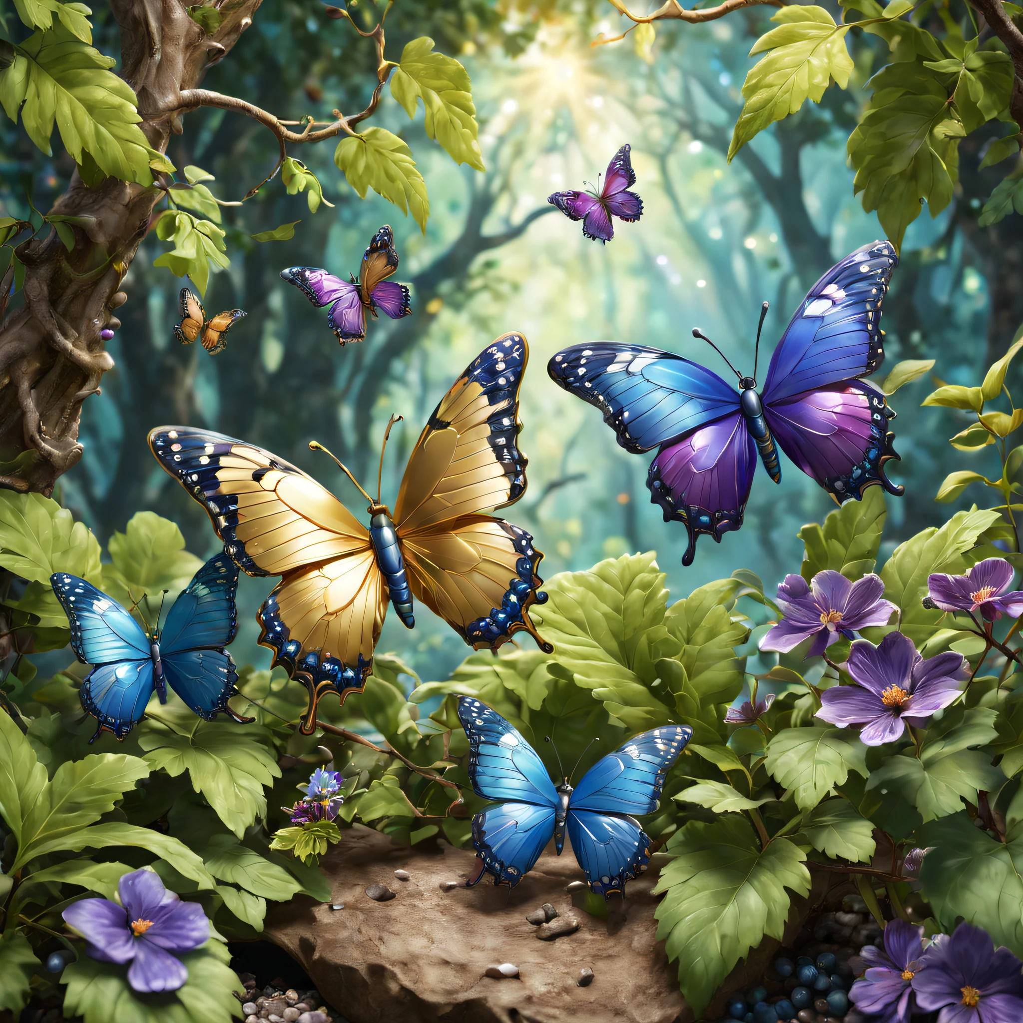 Butterfly product pictures,Gold butterfly with blue and purple gemstones,tmasterpiece,(Very detailed CG unified 8k wallpaper),(Best quality at best),(Best Best Illustration),(The best shadow),The background is a forest theme,With natural elements,blooming flower,warm color palette,surrounded by exquisite leaves and branches,rays of sunshine,(nature elements),(Jungle theme),(leafs),grape trees,butterflys,(exquisite leaves),(particle effect),isometric 3D,Rendered by Octane, Ray traching,ultra - detailed