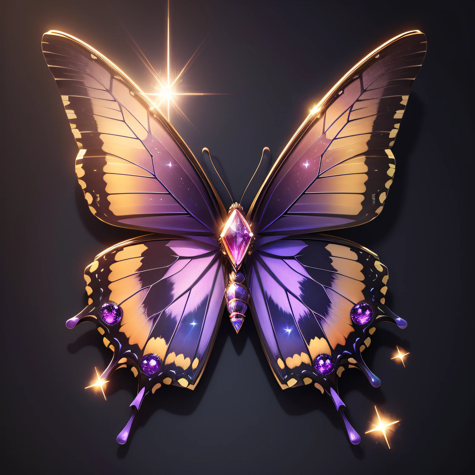 hyper HD, super detailing, Best quality at best, high detal, 1080p, 16k, A high resolution，Butterfly close-up，Butterfly with sparkling surface, amazing symmetrical wings,  Magic Crystal Butterfly, Magic butterfly with diamonds, purple sparkles, gold and purple, butterfly bright,, Sparkling gold butterfly, glowing purple, The background is the mysterious cosmic starry sky, butterfly photography, Gemstones and yellow gold rings，(The best illustrations)，(The best shadow)，isometric 3D.octaneratingrendering，Hyper-realistic