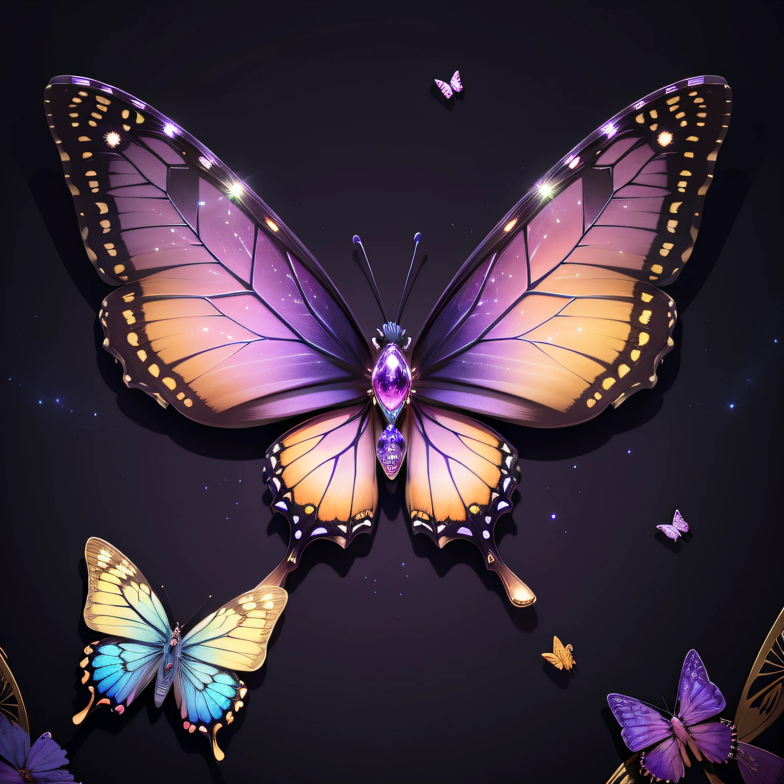 hyper HD, super detailing, Best quality at best, high detal, 1080p, 16k, A high resolution，Butterfly close-up，Butterfly with sparkling surface, amazing symmetrical wings,  Magic Crystal Butterfly, Magic butterfly with diamonds, purple sparkles, gold and purple, butterfly bright,, Sparkling gold butterfly, glowing purple, The background is the mysterious cosmic starry sky, butterfly photography, Gemstones and yellow gold rings，(The best illustrations)，(The best shadow)，isometric 3D.octaneratingrendering，Hyper-realistic